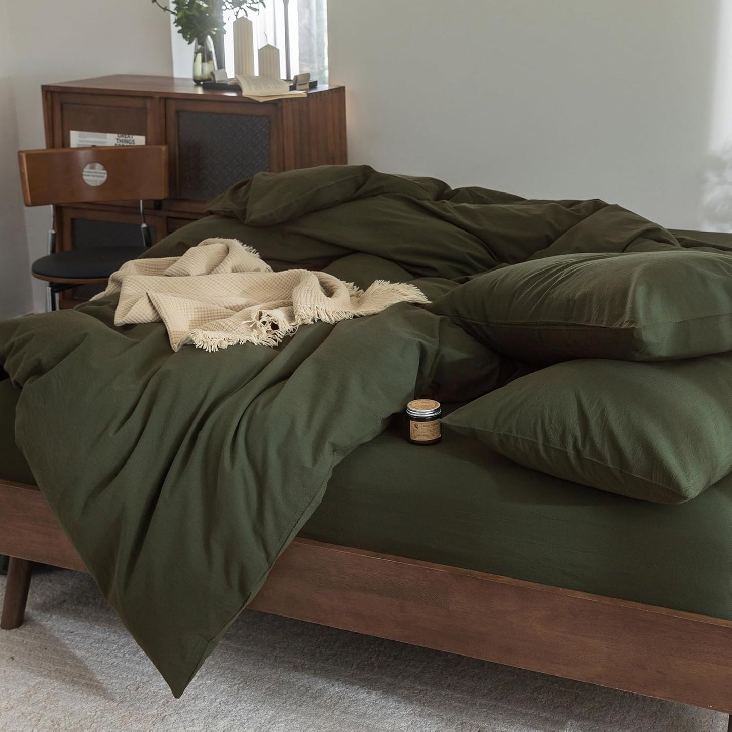 FOSSA Duvet Cover Set 100% Washed Cotton Linen Feel Super Soft Breathable Cozy 3 Pieces Bedding Sets Solid Olive Green Super Queen