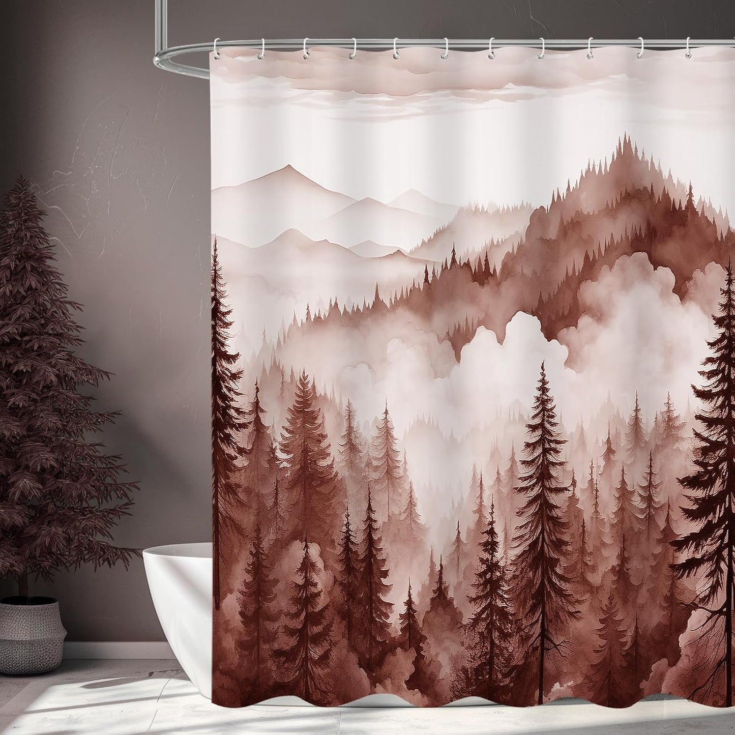 Burgundy Extra Long Misty Pine Forest Shower Curtain 72 x 84, XL Mountain Foggy Woodland Scenery Tree Shower Curtains for Bathroom, Abstract Waterproof Nature-Themed Decor