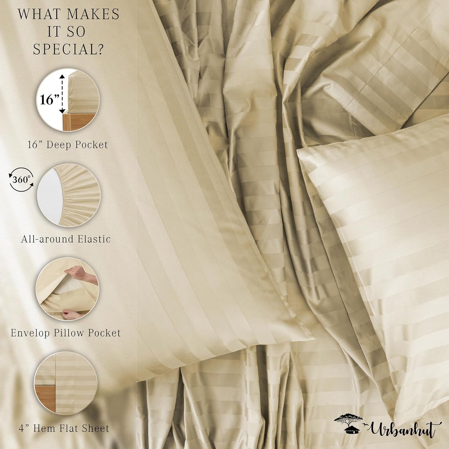 URBANHUT 1000 Thread Count Damask Striped King Size Egyptian Cotton Sheets, Long Staple Soft & Breathable, 4 Pc Bed Sheet Sets, Luxury Hotel Sateen Sheets Fits 16" Deep Pocket - Sand