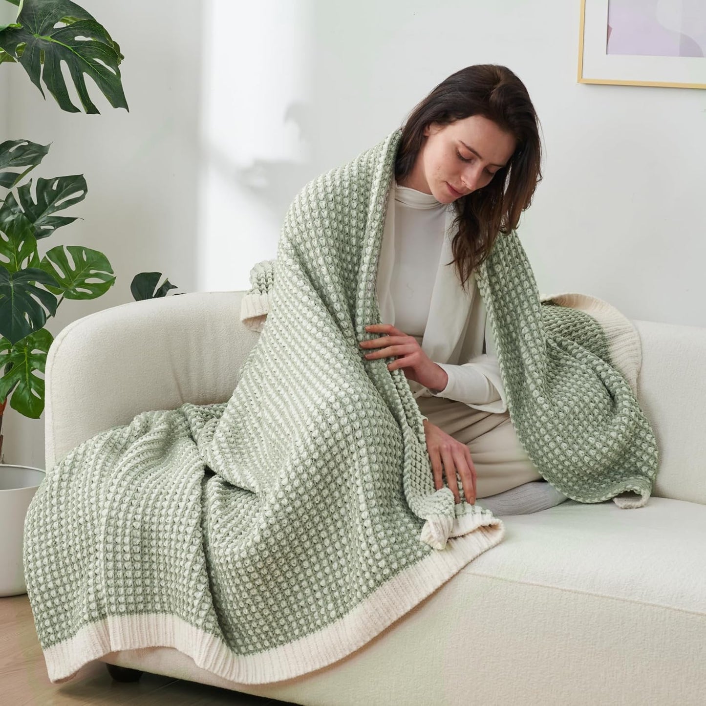 Amélie Home Waffle Chenille Throw Blanket for Couch, Pineapple Stitch Knit Soft Cozy Knit Blanket Decorative Throw for Sofa, Chair, 60 * 80", Sage Green&Ivory