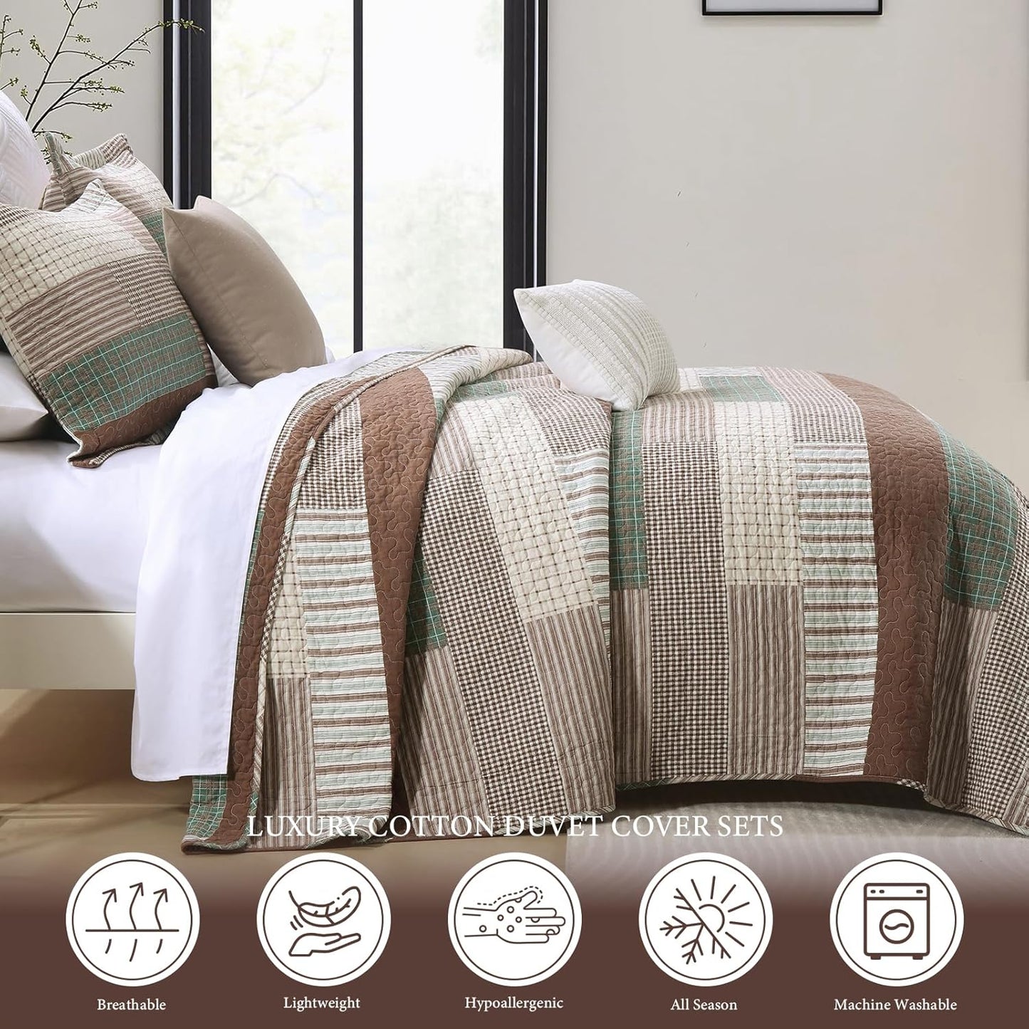 Uniclinens Plaid Quilt King Size, 100% Cotton Patchwork Quilt Bedding Set, Brown Lightweight Farmhouse Bedspread/Coverlet/Comforter Set, 3 Pieces Set with 2 Pillowshams, Brown/Green/Cream