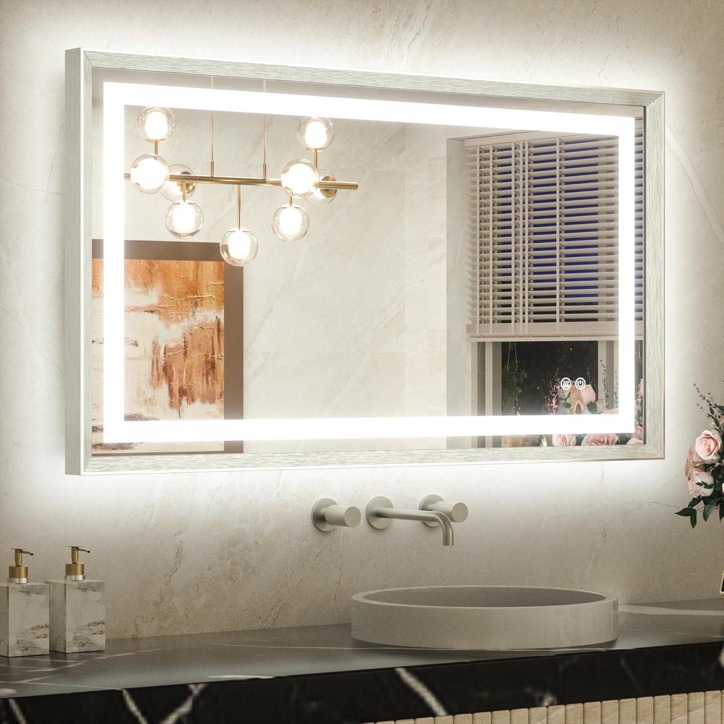 TETOTE 40 x 24 Led Mirror Brushed Nickel Metal Frame Frontlit & Backlit Vanity Mirror Anti-Fog Stepless Dimmable 3 Colors White/Warm/Natural Wall Mirror with Lights Wall-Mounted
