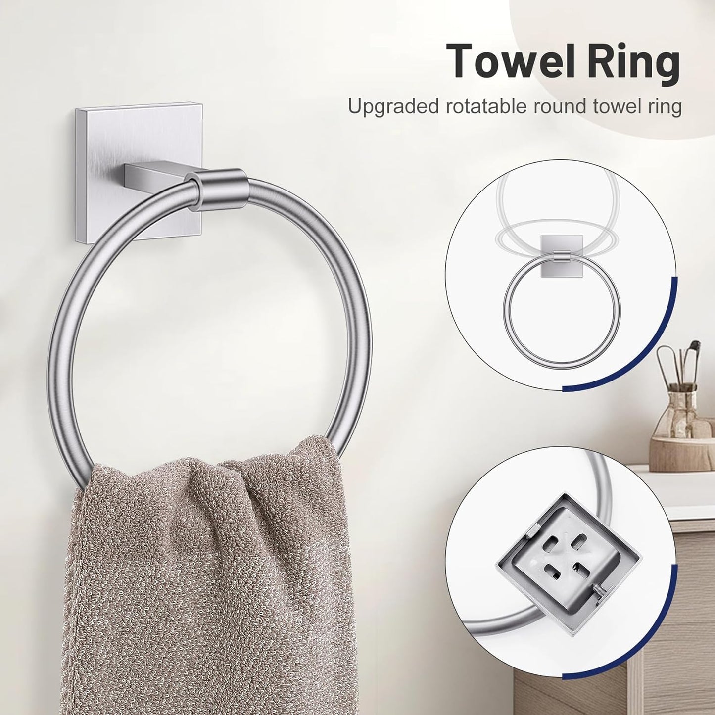 5-Piece Brushed Nickel Bathroom Hardware Set, SUS304 Stainless Steel Bathroom Accessories Set 23.6 inches Towel Bar, Toilet Paper Holder with Shelf, Towel Ring and Two Towel Hooks Wall-Mounted