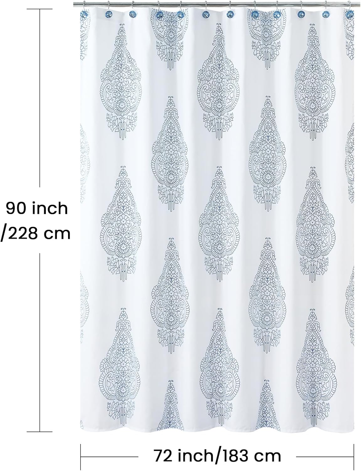 90 Inch Fabric Shower Curtain, Extra Long White and Blue Paisley Damask Medallion Print Shower Curtains for Bathroom, 72" W x 90" H