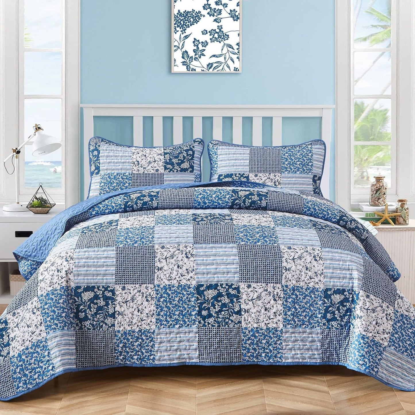 Mybedsoul Blue Quilt Set Full Size, 3 Pieces Plaid Floral Bedspread Set Patchwork Reversible Bedding Set Microfiber Lightweight Bedspread Coverlet Set for All Season 78"x90"