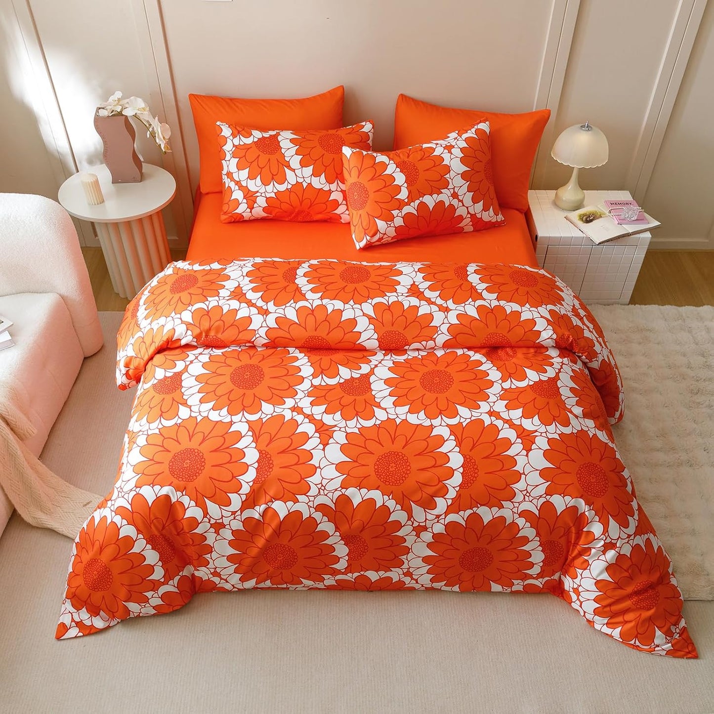 KAREVER Orange Sunflower Comforter Set Twin Size Orange Sunflower Bedding Set 3 PCs Comforter Set Twin Size Fluffy Linen Comforter Sets