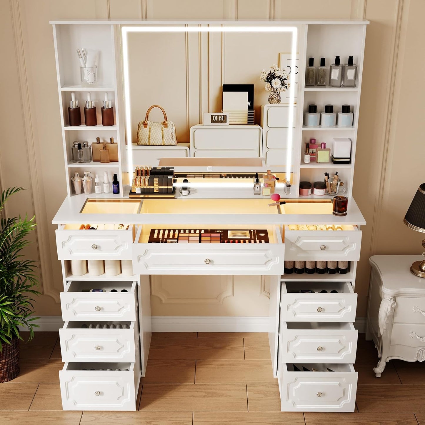Vanity with Mirror and Light, Vanity with Glass Top and 9 Drawers, Dresser Set with Storage Bench, Adjustable Brightness Dresser (White, Glass Table-B)