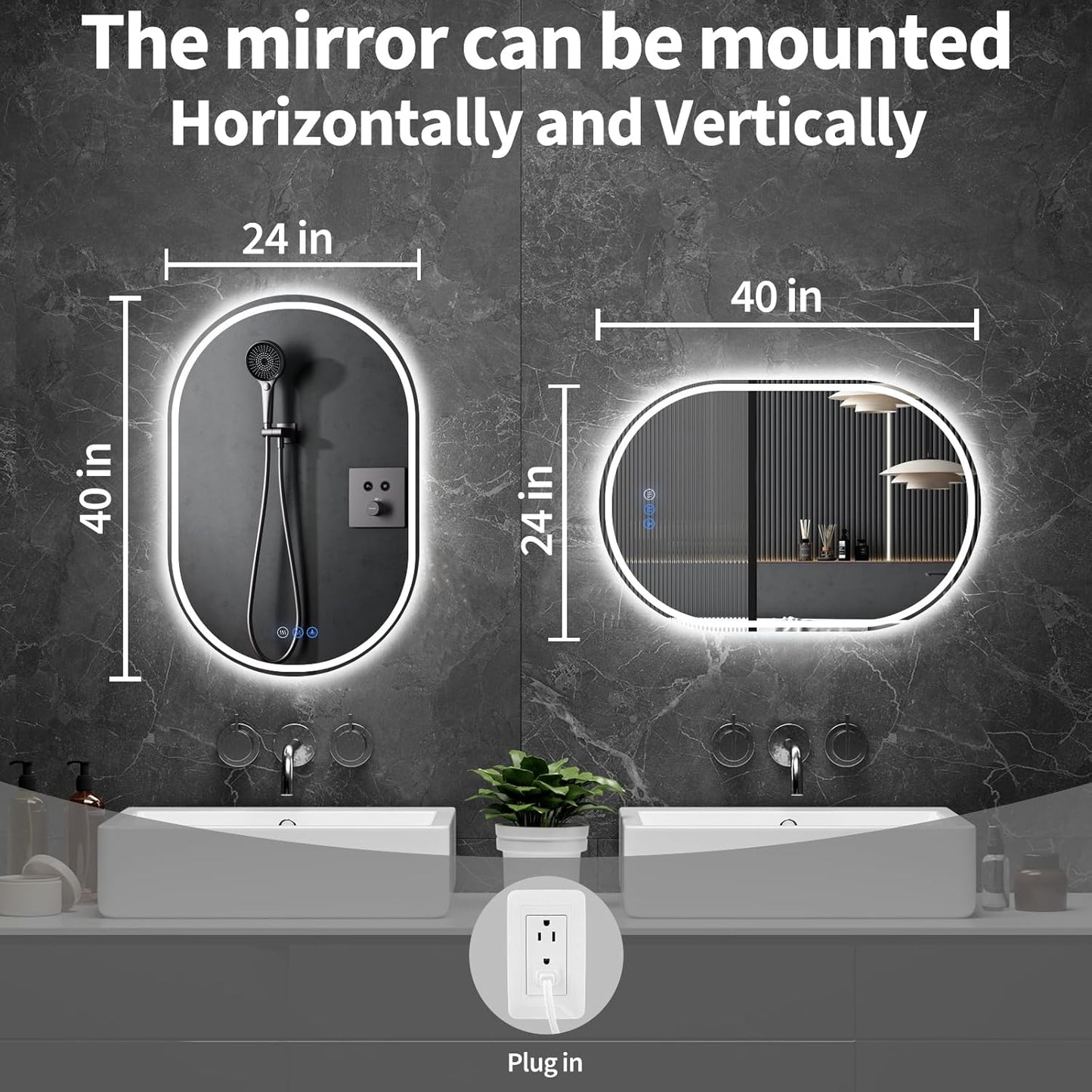 Bathroom Mirror 24"x40" LED Bathroom Mirror with Lights, Anti-Fog, Dimmable Oval Mirrors with Front Light and Backlit, Modern Farmhouse Wall Mounted Mirror for Decorative