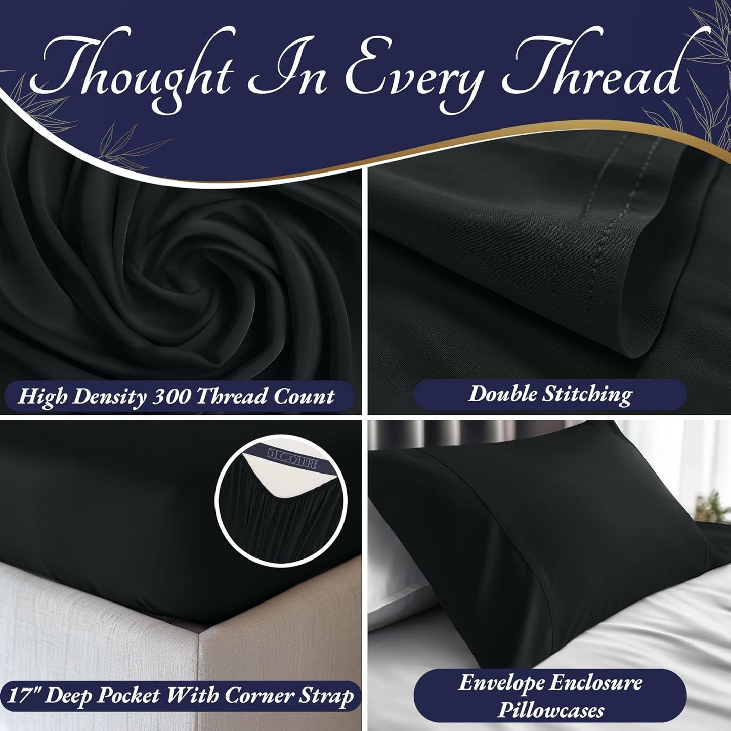 DECOLURE 100% Viscose Derived from Bamboo Sheets Queen Size 4pcs - Ultra Soft & Luxuriously Cooling, 17" Deep Pocket, Double Stitching, Perfect for Hot Sleepers - Queen Bed Sheets (Black)
