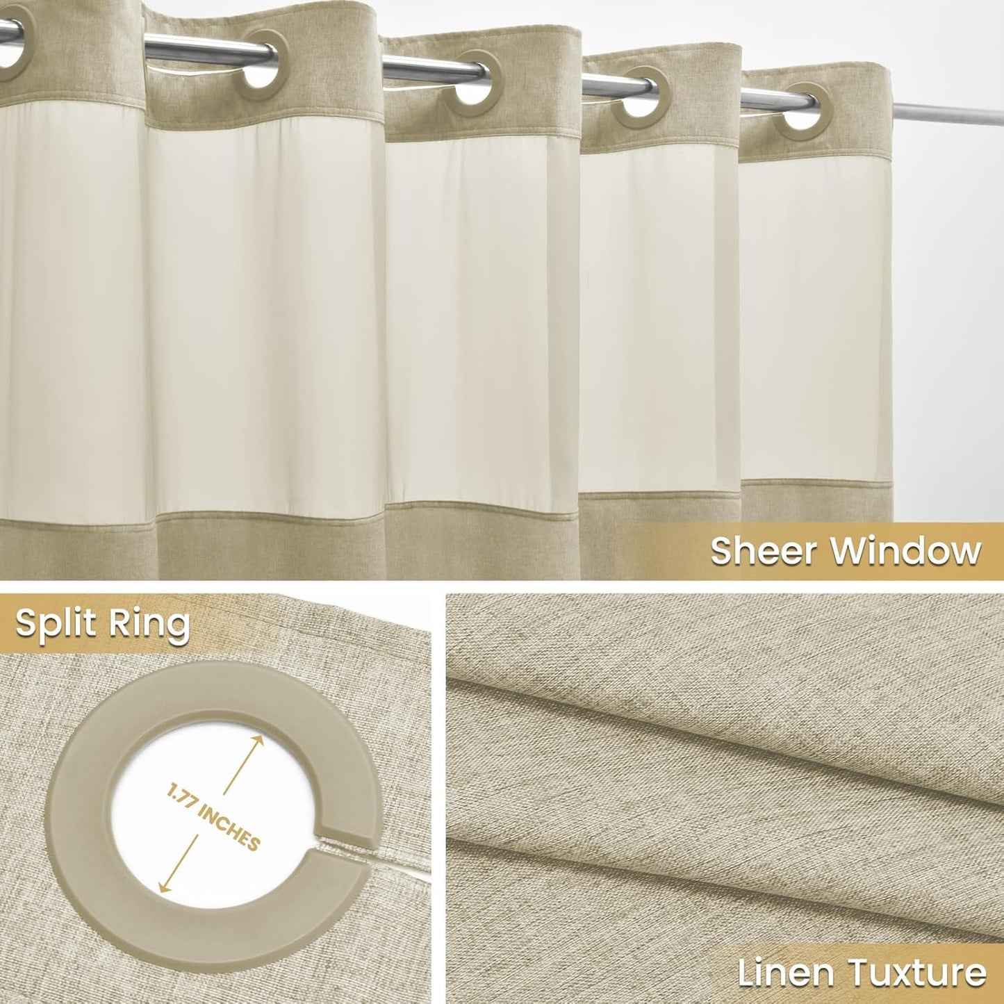 No Hook Shower Curtain with Snap in Liner, Polyester Textured Shower Curtain with Liner Set, Waterproof Washable Hotel Style Shower Curtains for Bathroom, 71Wx74H, Khaki