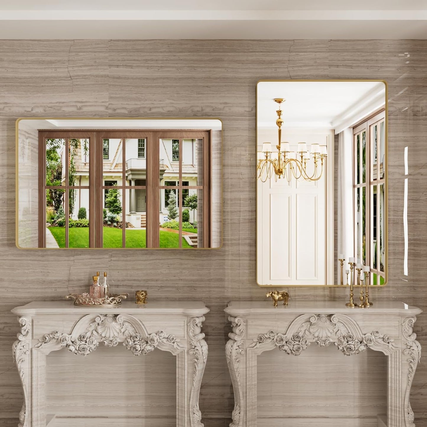 Gold Bathroom Mirror, 48x30 Inch Brushed Gold Metal Frame Mirror for Wall, Rounded Rectangle Bathroom Vanity Mirror, Tempered Glass, Anti-Rust, Horizontal/Vertical