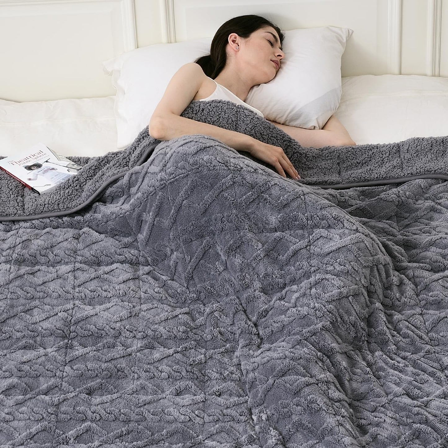Topblan Weighted Blanket Full Size 15 Pounds, Soft Weighted Blanket with Doubled-Sized Shaggy Sherpa, Jacquard Knitted Stylish Warm Weighted Blankets Throw for Better Sleep, Grey, 48 x 72 inches