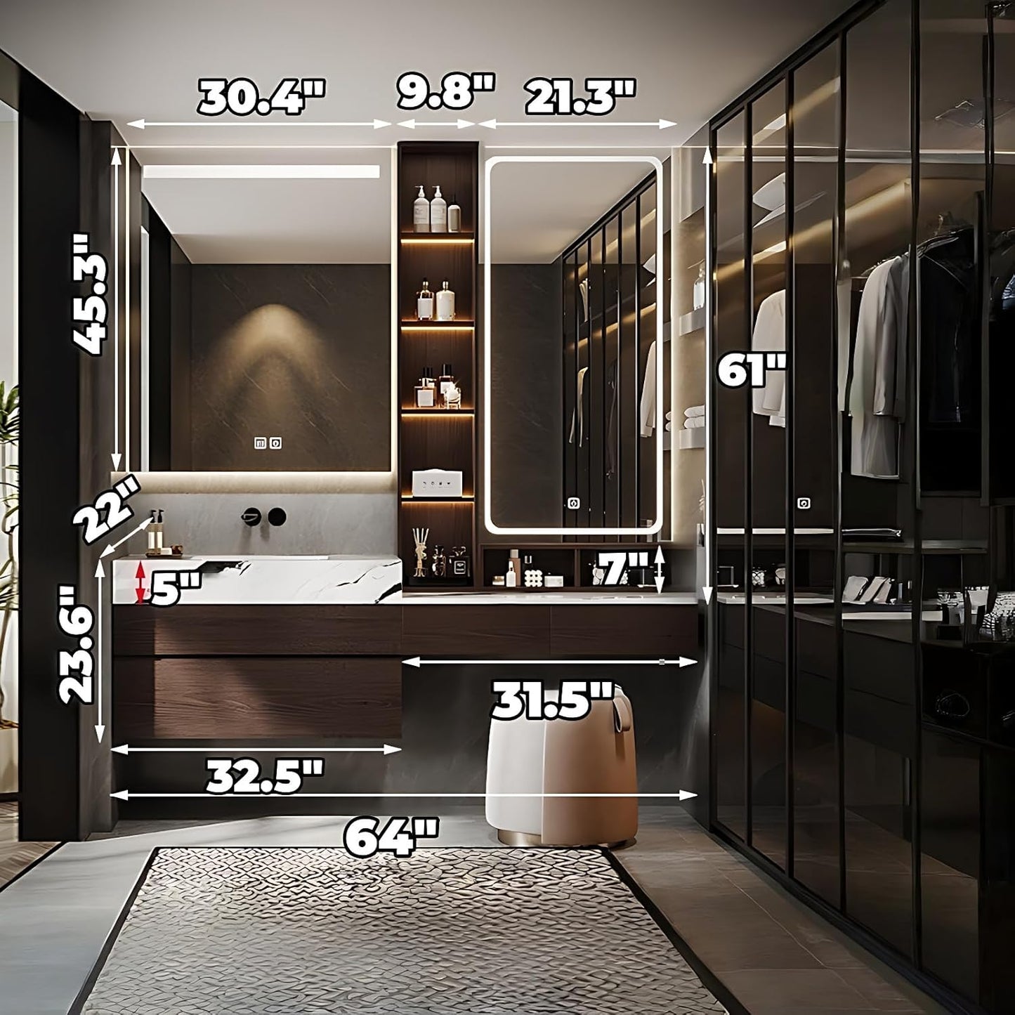 Bathroom Vanity with Sink - Luxury Bathroom Sink Cabinet, Floating Vanity with Smart Defogging Mirror & Storage Drawer, Multi-Layer Solid Wood Panel - Complete Accessories (64")