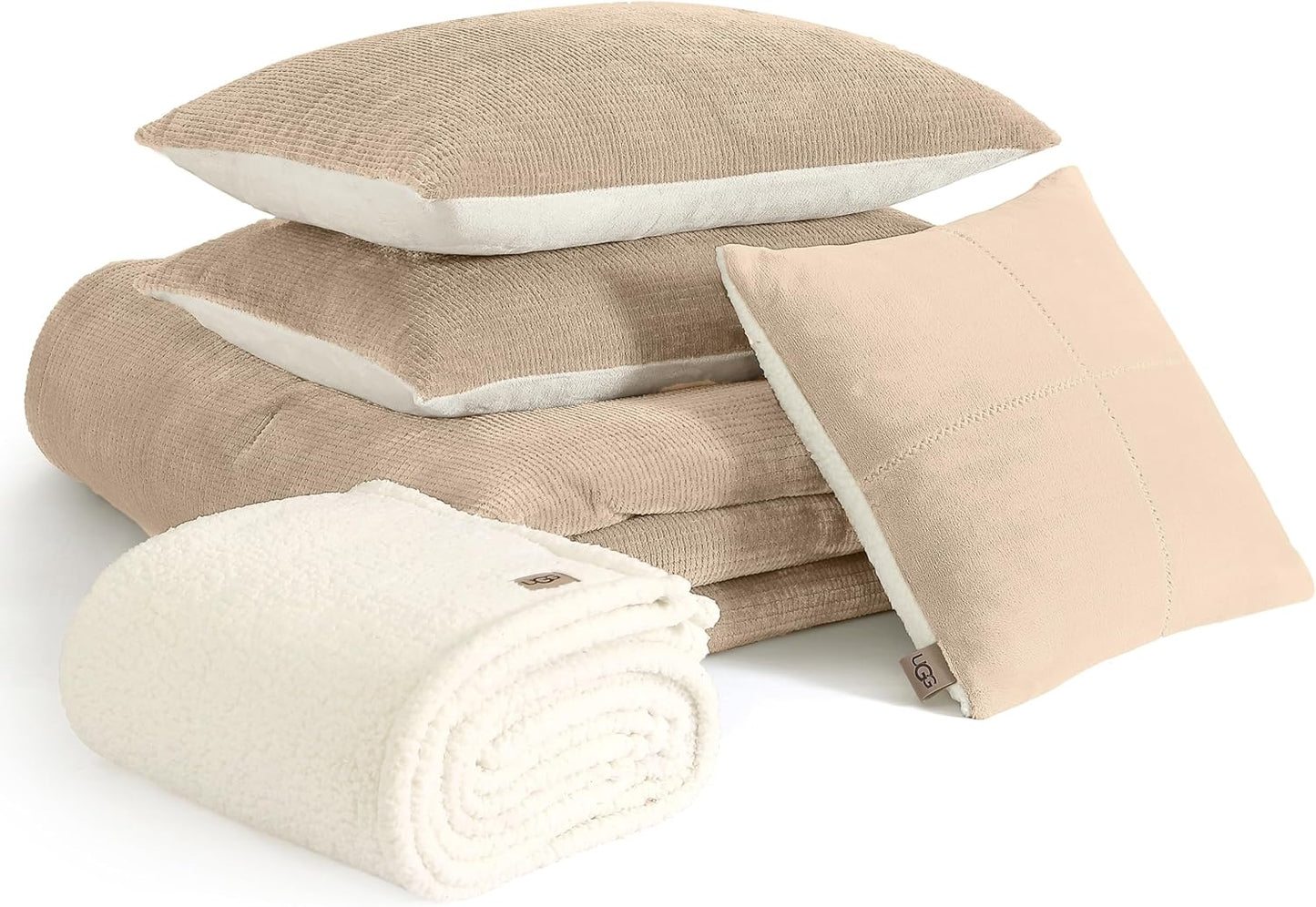 UGG Comforter Set 5 Piece Bed in a Bag with Throw Blanket, Decorative Pillow, Shams, and Reversible Comforter Hypoallergenic Washable Luxury Warm Fluffy Bedding Set, Ivory, King Size (Remina)