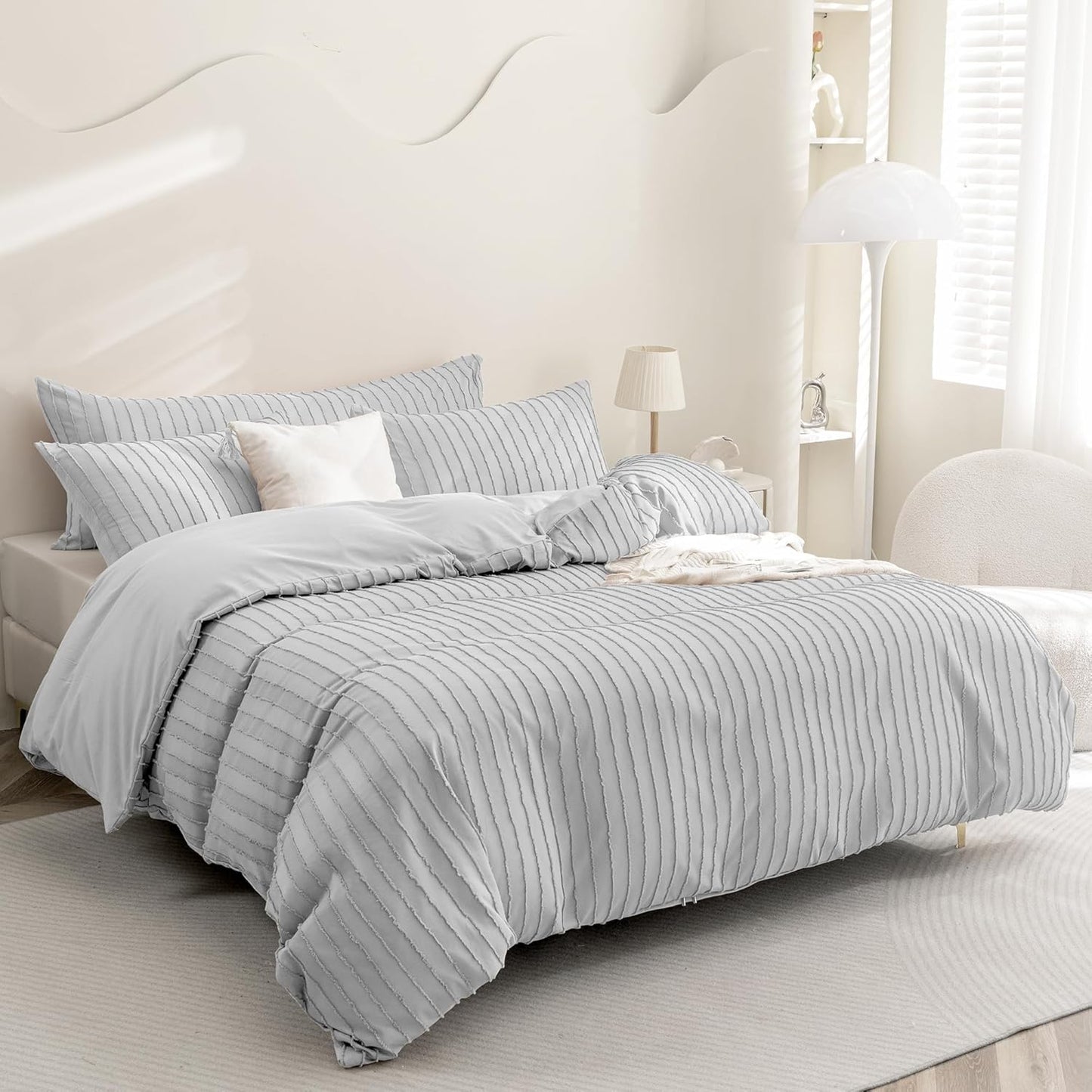 JELLYMONI Duvet Cover Full Size Light Grey - 3PCS Boho Striped Duvet Cover Set Polyester Tufted Bohemian Textured Comforter Cover 80×90in with Corner Ties & Zipper and 2 Pillowcases