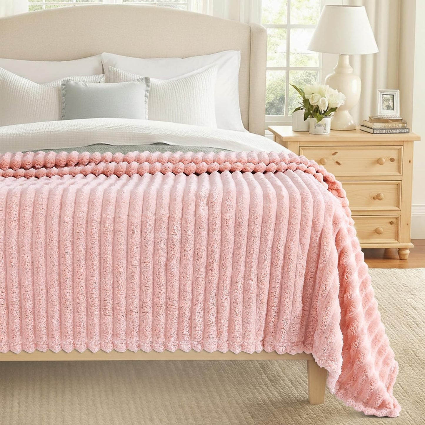 decorUhome Christmas Soft Fleece Pink Blanket Queen Size for Bed, Cozy Fluffy Plush Flannel Large Striped Throws for Couch Sofa, Lightweight Decorative Fuzzy Blanket for Woman, 90x90 Inches