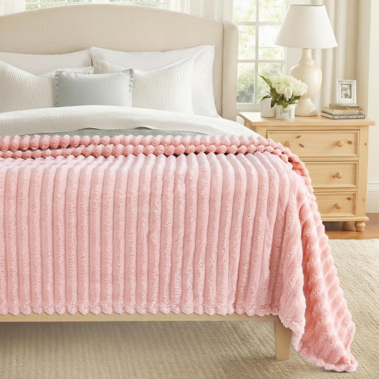 decorUhome Christmas Soft Fleece Pink Blanket King Size for Bed, Cozy Fluffy Plush Flannel Large Striped Throws for Couch Sofa, Lightweight Decorative Fuzzy Blanket for Woman, 108x90 Inches
