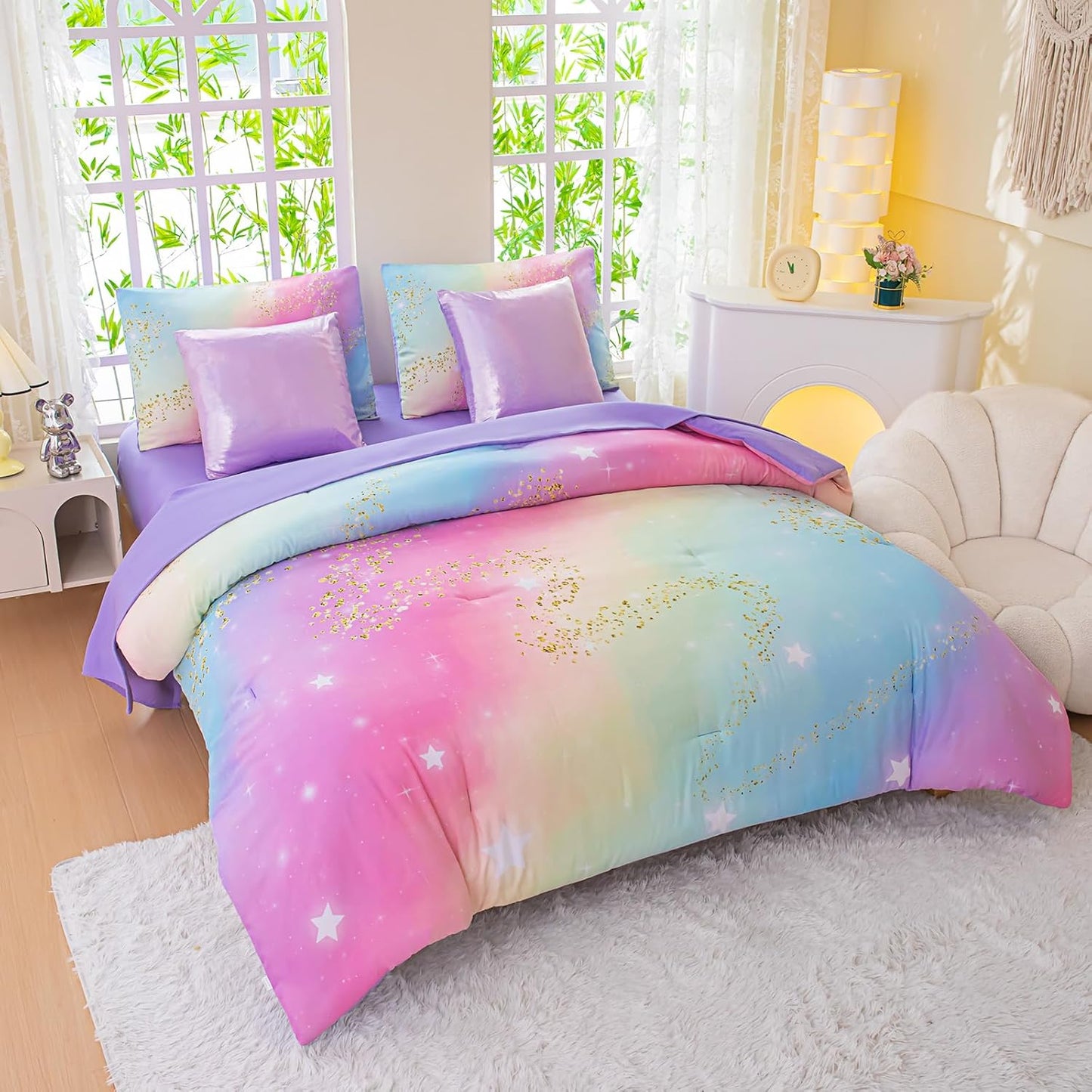 Rainbow Bedding Set Twin Size – 7 Piece Reversible Girls Comforter with Deep-Pocket Sheet, Gradient Galaxy Design, Whole-Piece Filling, Machine Washable Bed-in-a-Bag for Kids Room Makeover & Gifts
