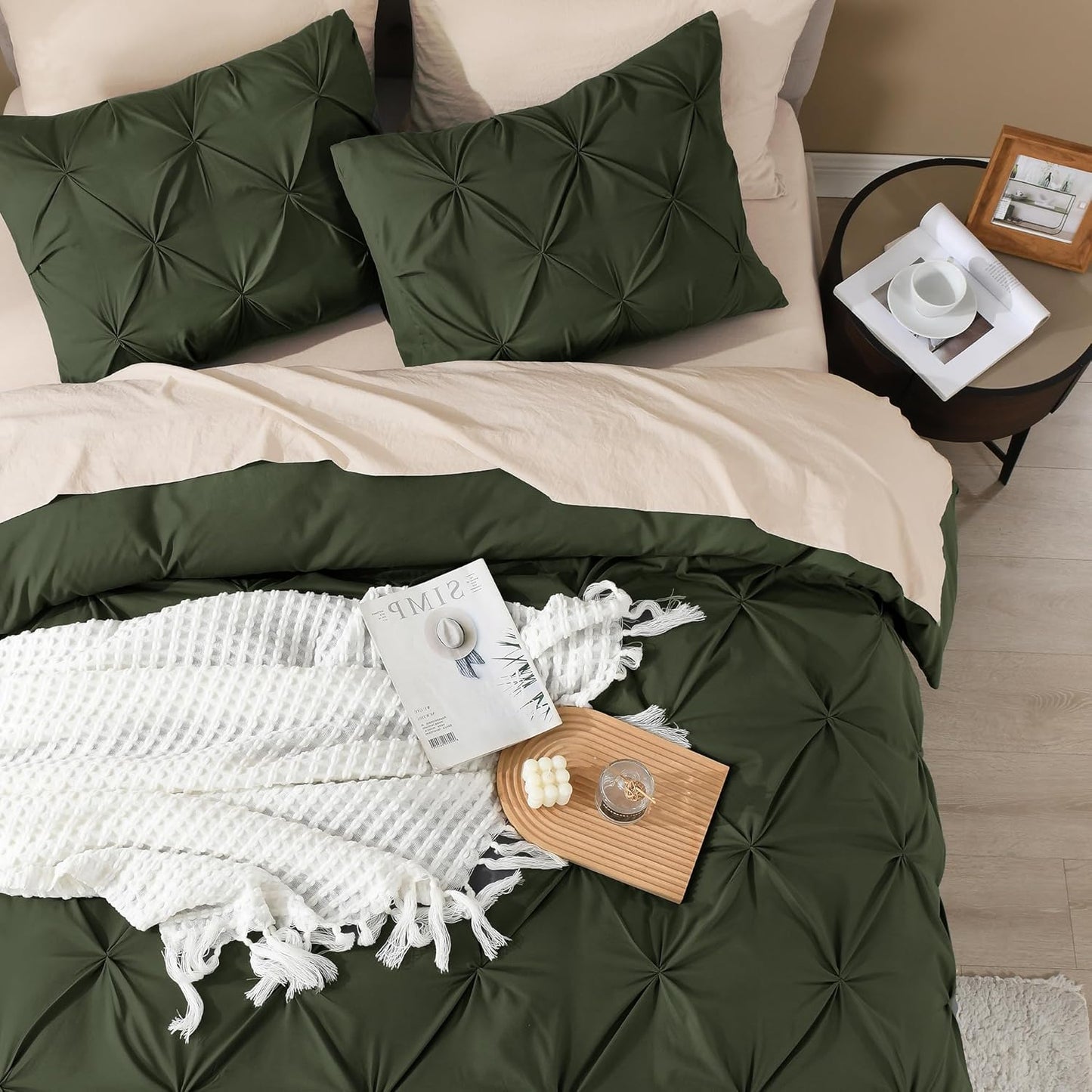 Litanika Olive Green Pinch Pleat Duvet Cover Queen, 3 Pieces Pintuck Soft Microfiber Bedding Set with Zipper Closure & Corner Ties(90x90Inch-1 Duvet Cover, 2 Pillowcases)
