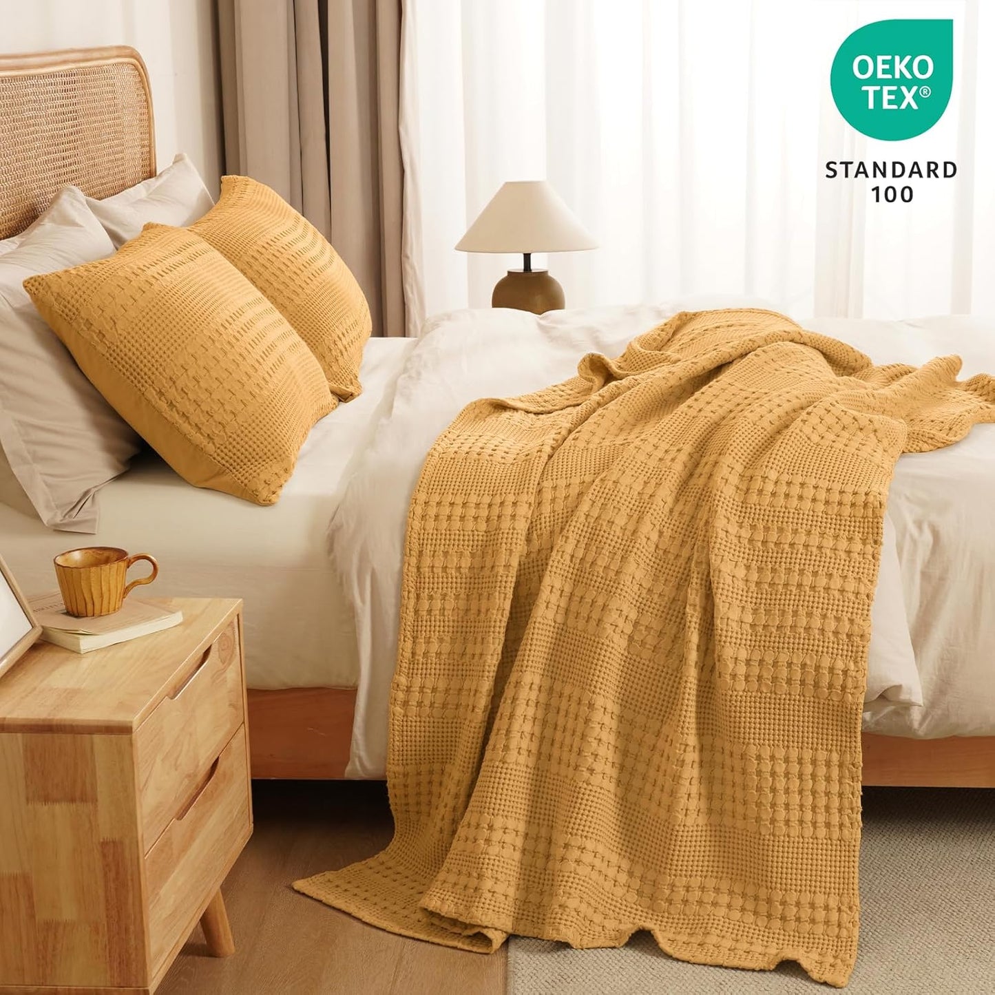 PHF 100% Cotton Waffle Weave Throw Blanket, Soft Lightweight Breathable Cozy Throws for Couch Bed Sofa, Luxury Aesthetic Woven Blanket for Home Decor & Office, 50"x60", Pumpkin Orange