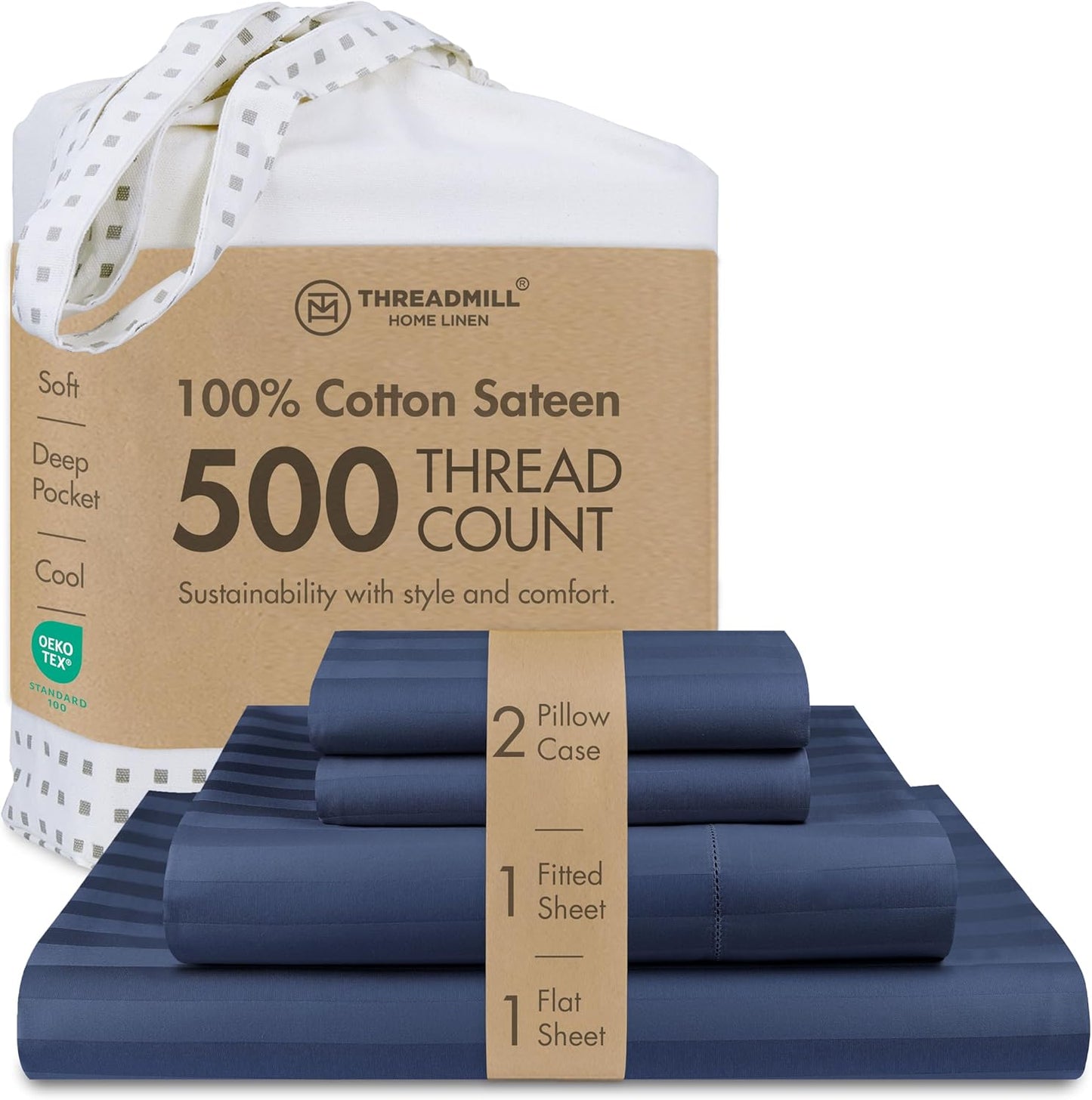 Threadmill 500 Thread Count Queen Size Damask Stripe, 4 Pc Luxury Cotton Sheet Set, Silky Smooth Folkstone Blue Sheets with 16" Elasticized Deep Pocket, 2 Pillowcases & Free Tote Bag