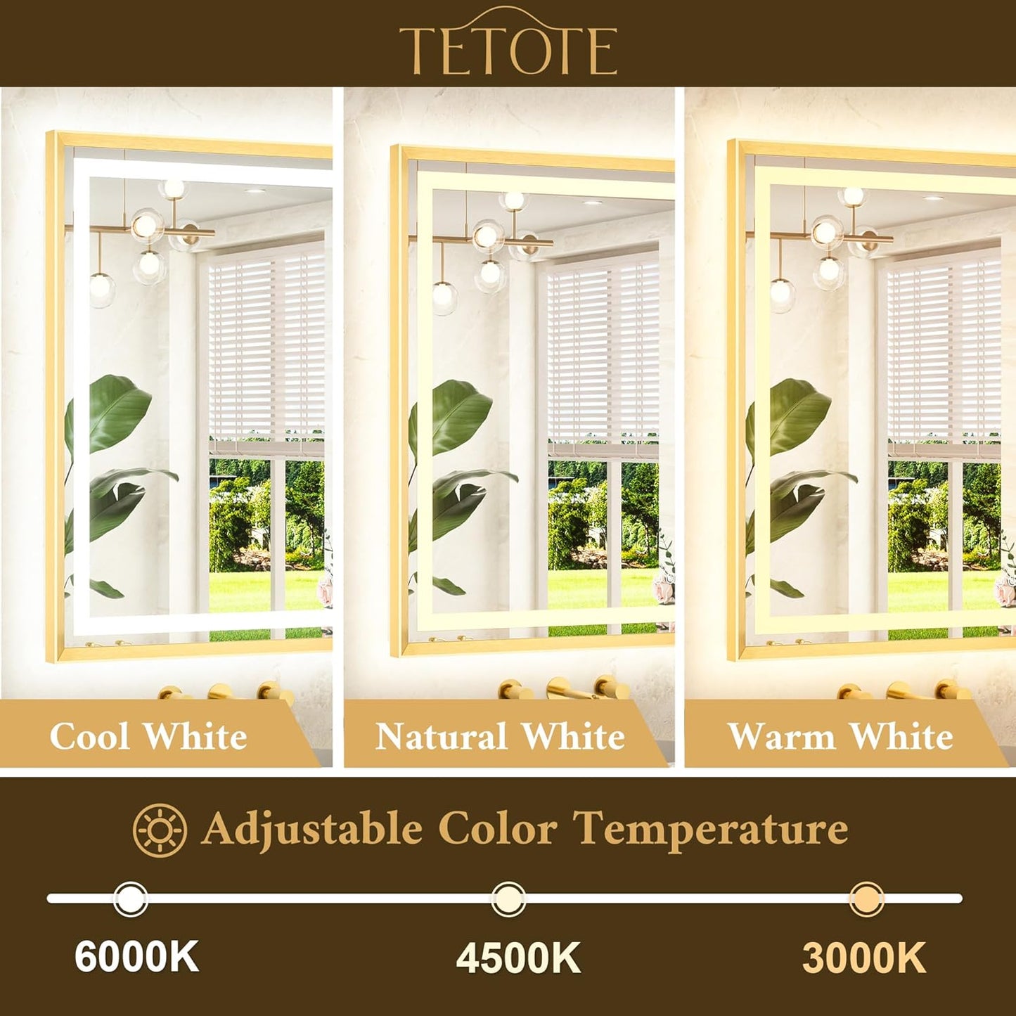 TETOTE 48 x 36 Bathroom LED Mirror Brushed Gold Metal Frame Frontlit & Backlit Stepless Dimmable Anti-Fog 3 Colors White/Warm/Natural Light up Vanity Mirror Wall-Mounted