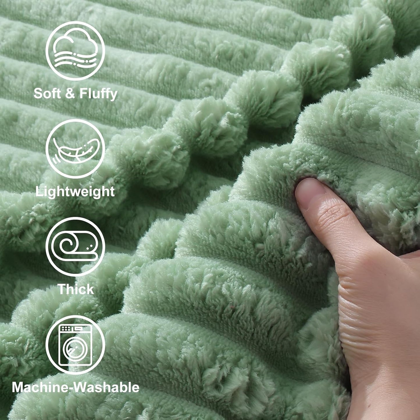 decorUhome Christmas Soft Fleece Sage Green Twin Blanket for Bed, Cozy Fluffy Plush Flannel Striped Throws for Couch Sofa, Lightweight Decorative Ribbed Fuzzy Blanket for Woman, 60x80 Inches