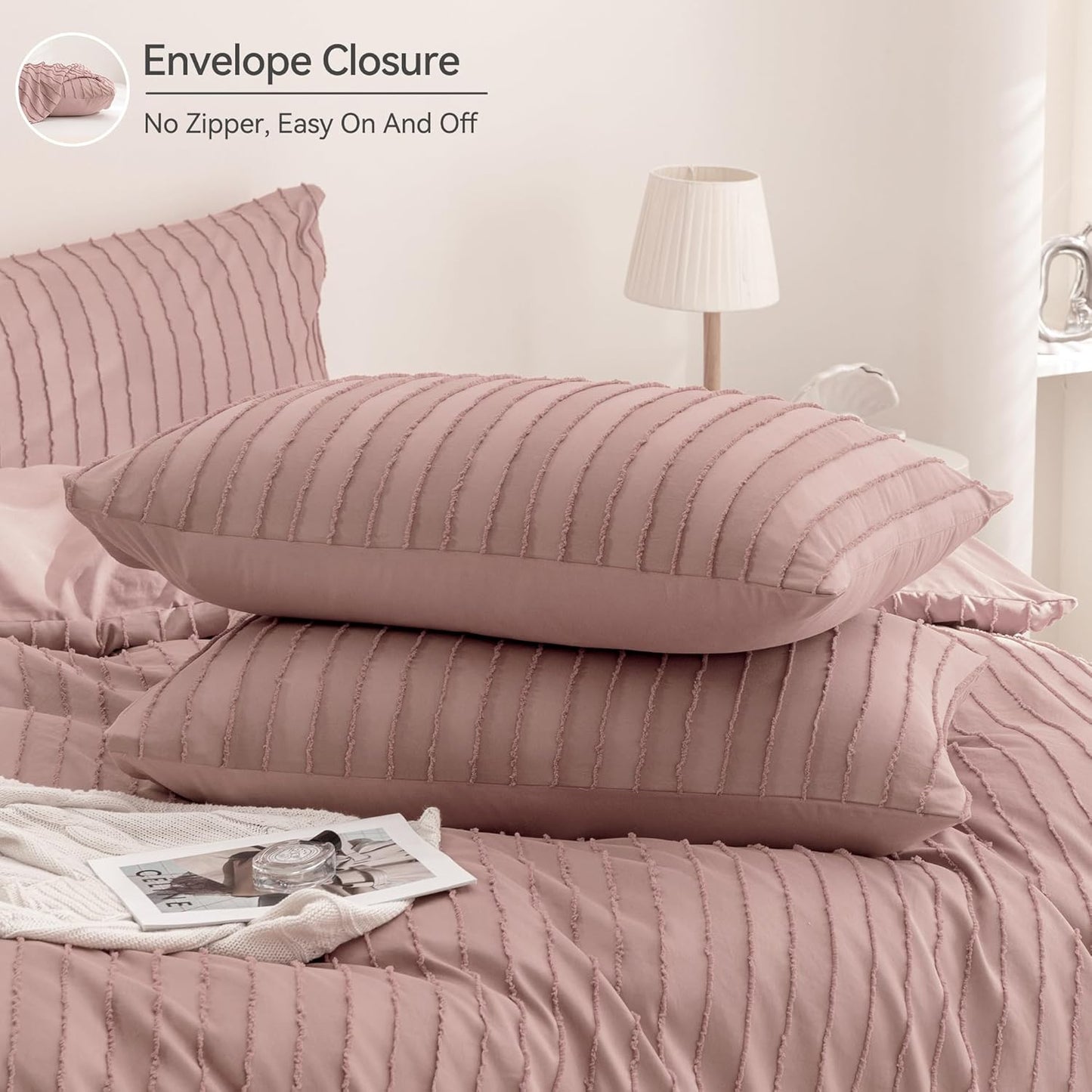 JELLYMONI Duvet Cover Full Size Smokey Pink - 3PCS Boho Striped Duvet Cover Set Polyester Tufted Bohemian Textured Comforter Cover 80×90in with Corner Ties & Zipper and 2 Pillowcases