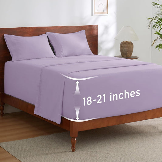 Bedsure Deep Pocket King Sheet Set - Fits Mattresses Up to 21 Inches Thick - 4 Piece GentleSoft Bed Sheets, Moisture Wicking, Soft & Cooling Bedsheet & Pillowcases, Easy & Secure Fit, Light Purple