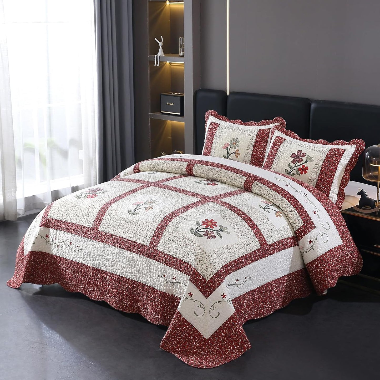 vctops Christmas Red 2 Piece Embroidered Floral Quilted Bedspread Quilt Set 100% Cotton Reversible Patchwork Coverlet Set 1 Quilt and 1 Pillow Sham (Red,Twin)