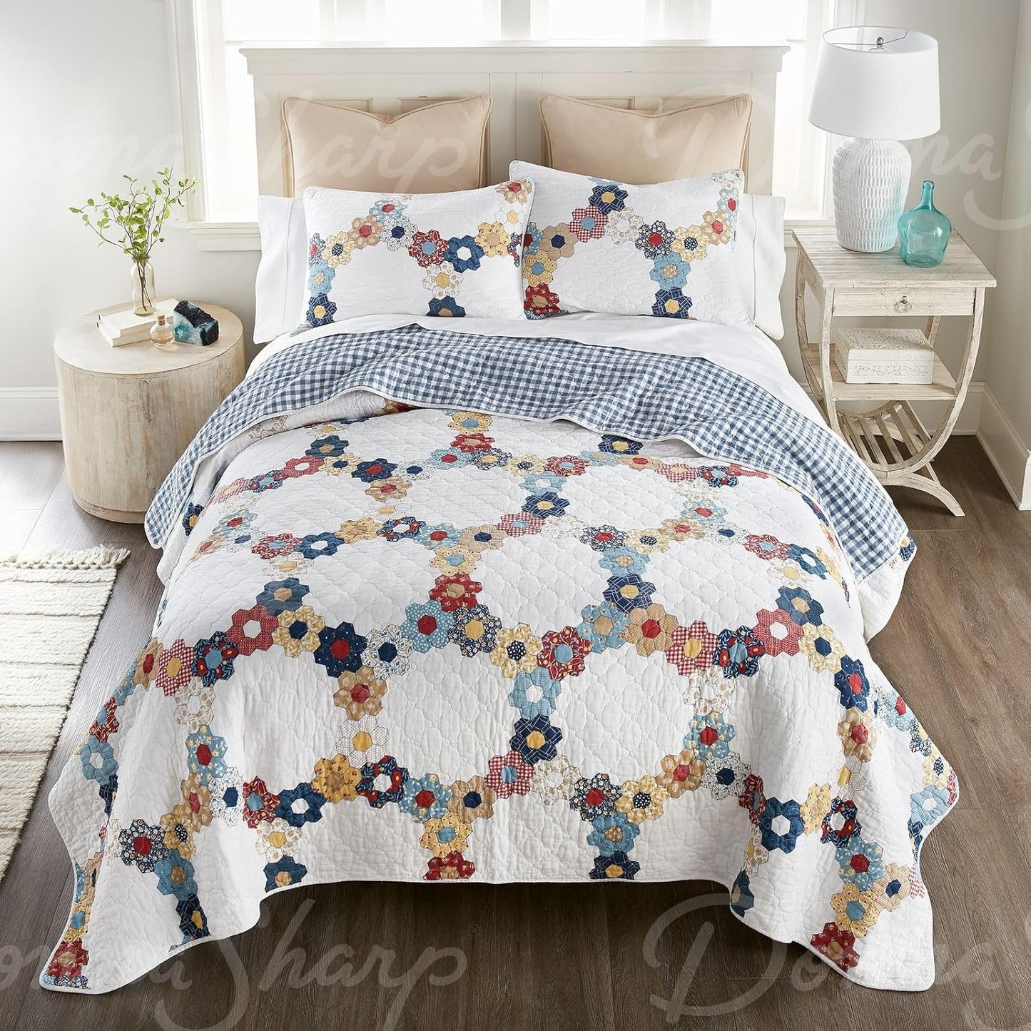 Donna Sharp Prairie Cotton Quilted Bedding Set - 3-Piece King Size Cotton Quilt Set - Includes 1 Floral Garden Hexagon Quilt and 2 Pillow Shams - Machine Washable