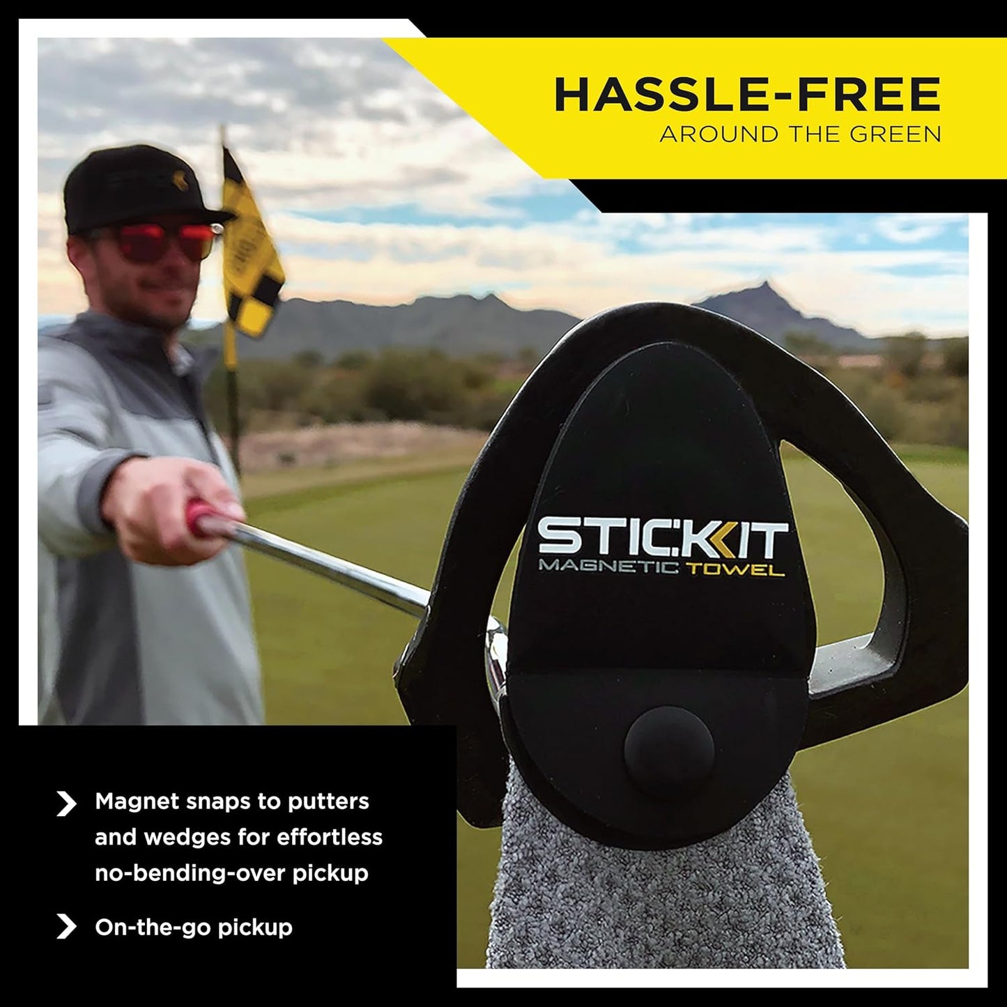 STICKIT Magnetic Towel, Gray | Top-Tier Microfiber Golf Towel with Deep Waffle Pockets | Industrial Strength Magnet for Strong Hold to Golf Carts or Clubs
