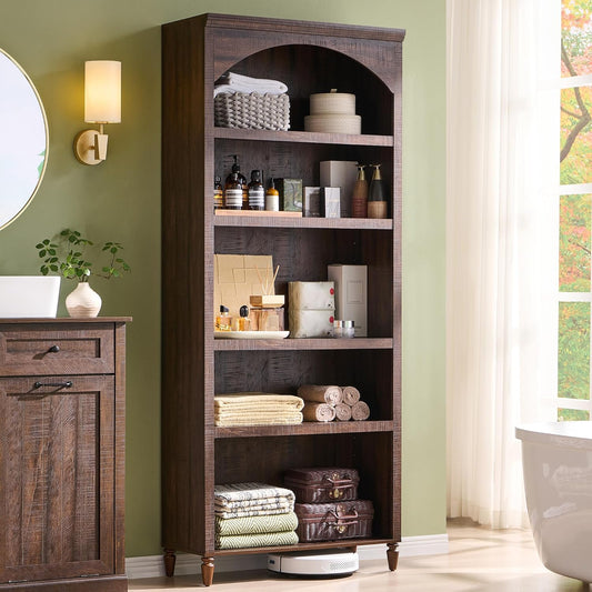 76" Tall Arched Bathroom Storage Cabinet, 5 Tiers Large Farmhouse Arched Cabinet w/Adjustable Shelves, Modern Wooden Storage Cabinet for Bathroom, Living Room, Entryway, Study Room (Brown)