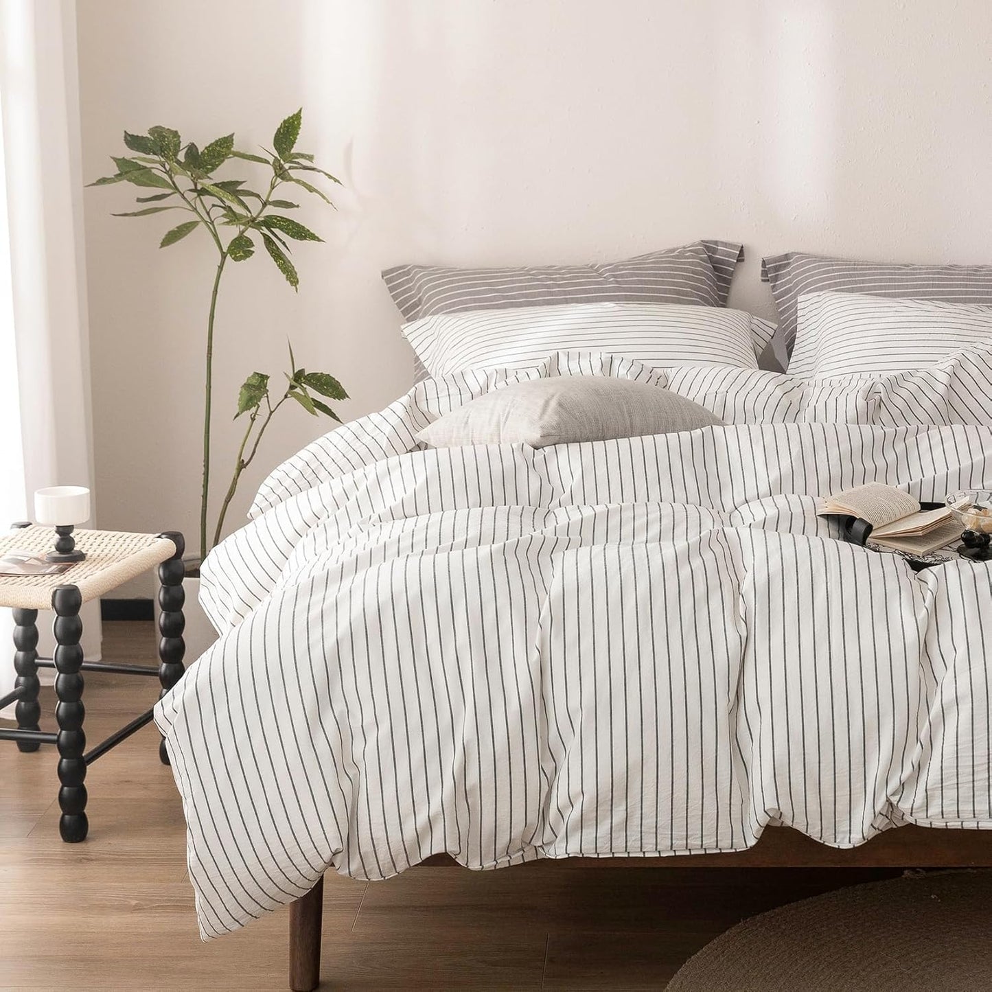Stripe Duvet Cover Super Queen Size 98inch x 90inch, 100% Washed Cotton Linen Feel Duvet Cover with Zipper Closure and 2 Pillowcases, Color of White-Dark Grey Stripe