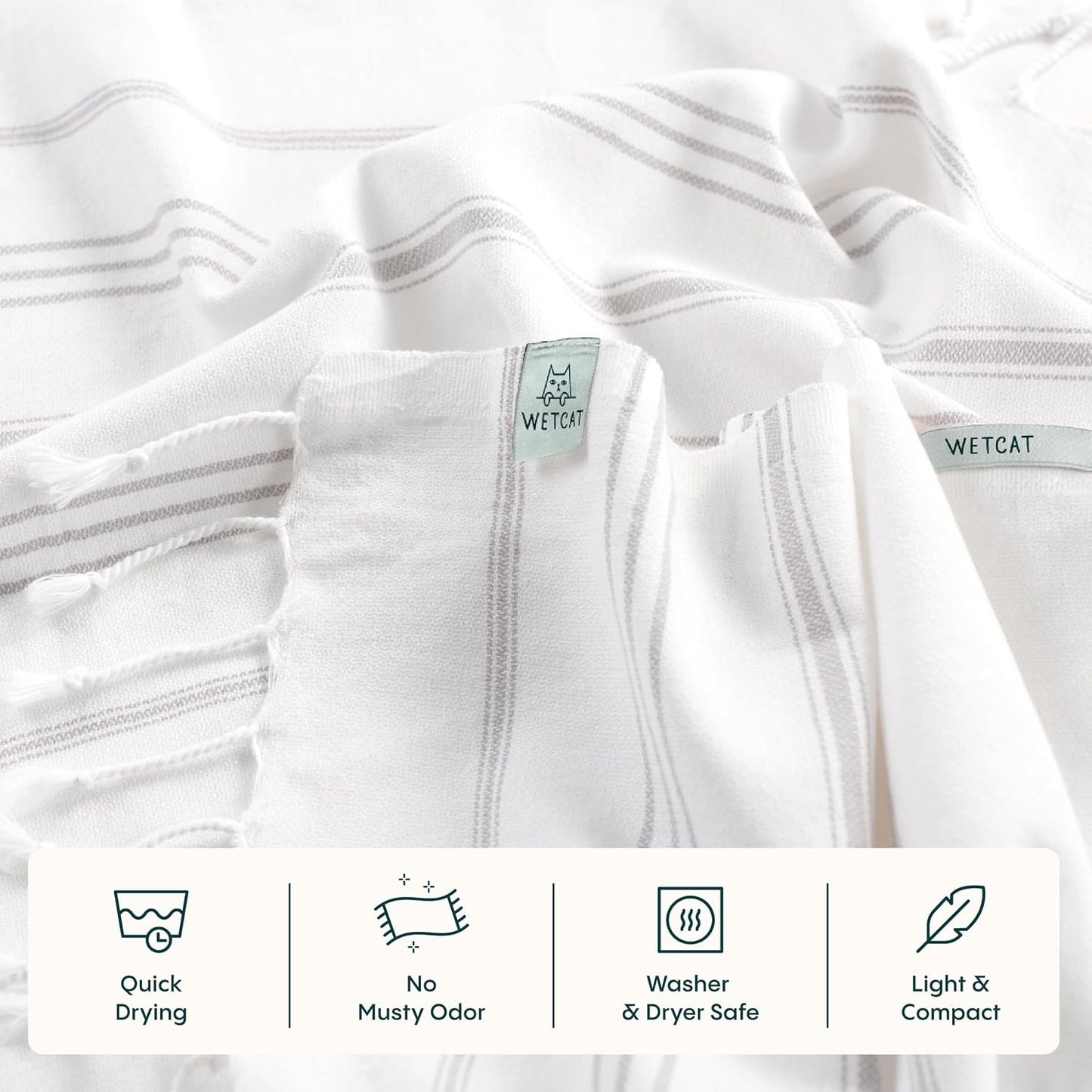 WETCAT Turkish Hand Towels with Hanging Loop, Set of 2 (20" x 30") 100% Turkish Cotton, Pre-Washed, Quick Drying, for Kitchen or Bathroom - Grey & White