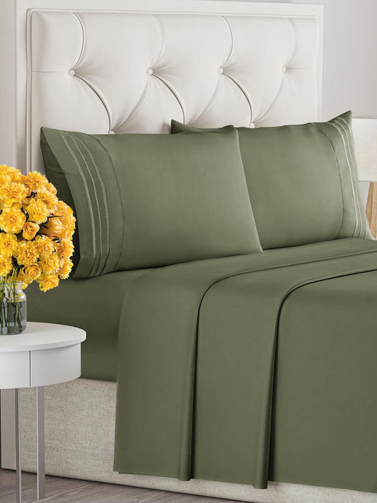 Full Size 4 Piece Sheet Set - Extra Soft, Breathable & Cooling Sheets - Hotel Luxury Durable Bed Sheets for Women & Men - Deep Pockets, Easy-Fit & Wrinkle-Free Sheets - Deep Olive Oeko-Tex Bed Sheets