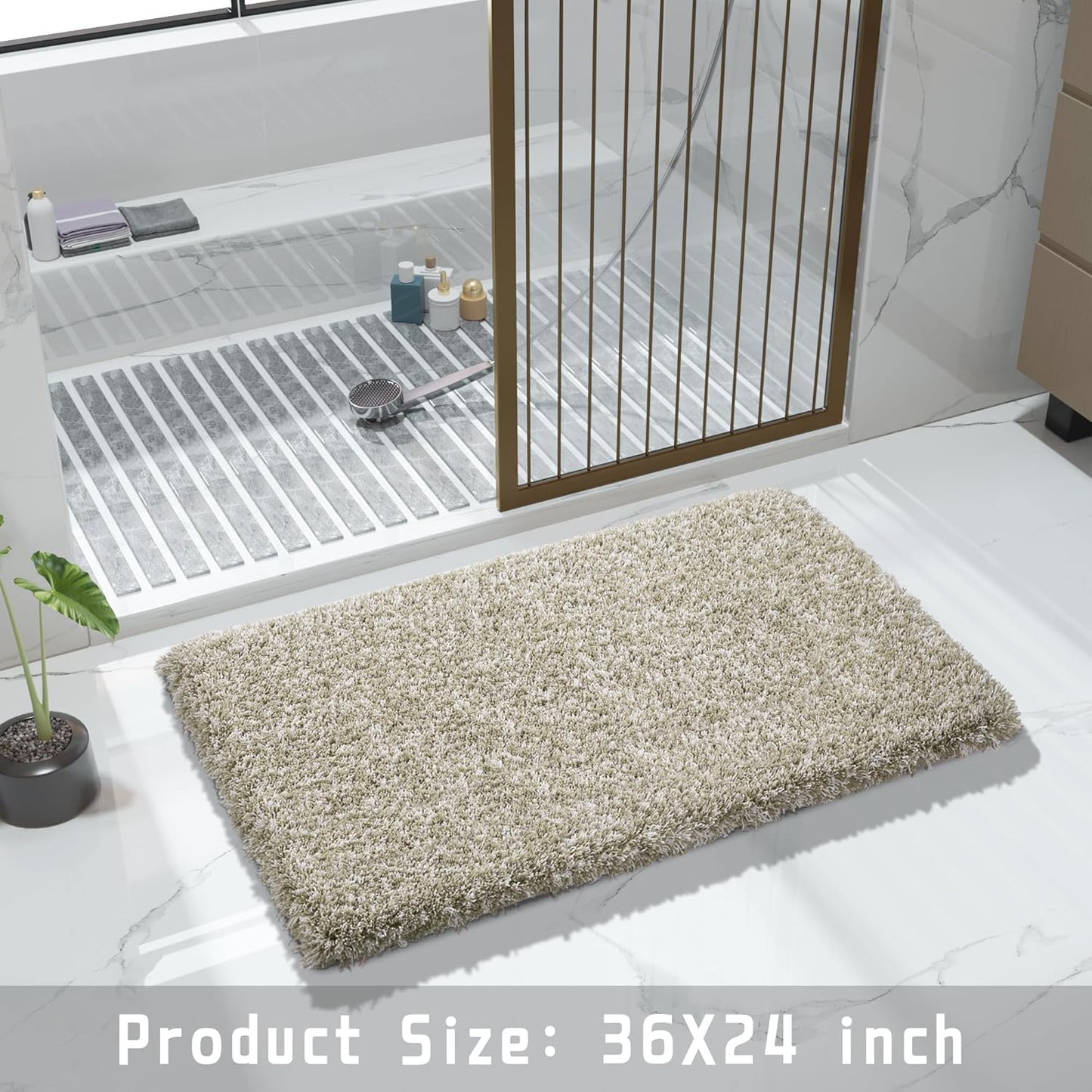 Yimobra Bathroom Rugs Non Slip Washable 36x24, Ultra Soft and Water Absorbent Bath Mats, Plush Fluffy Shower Mat Outside, Luxury Microfiber Thick Matts for Bathroom Floor/Tub, Light Tan and White