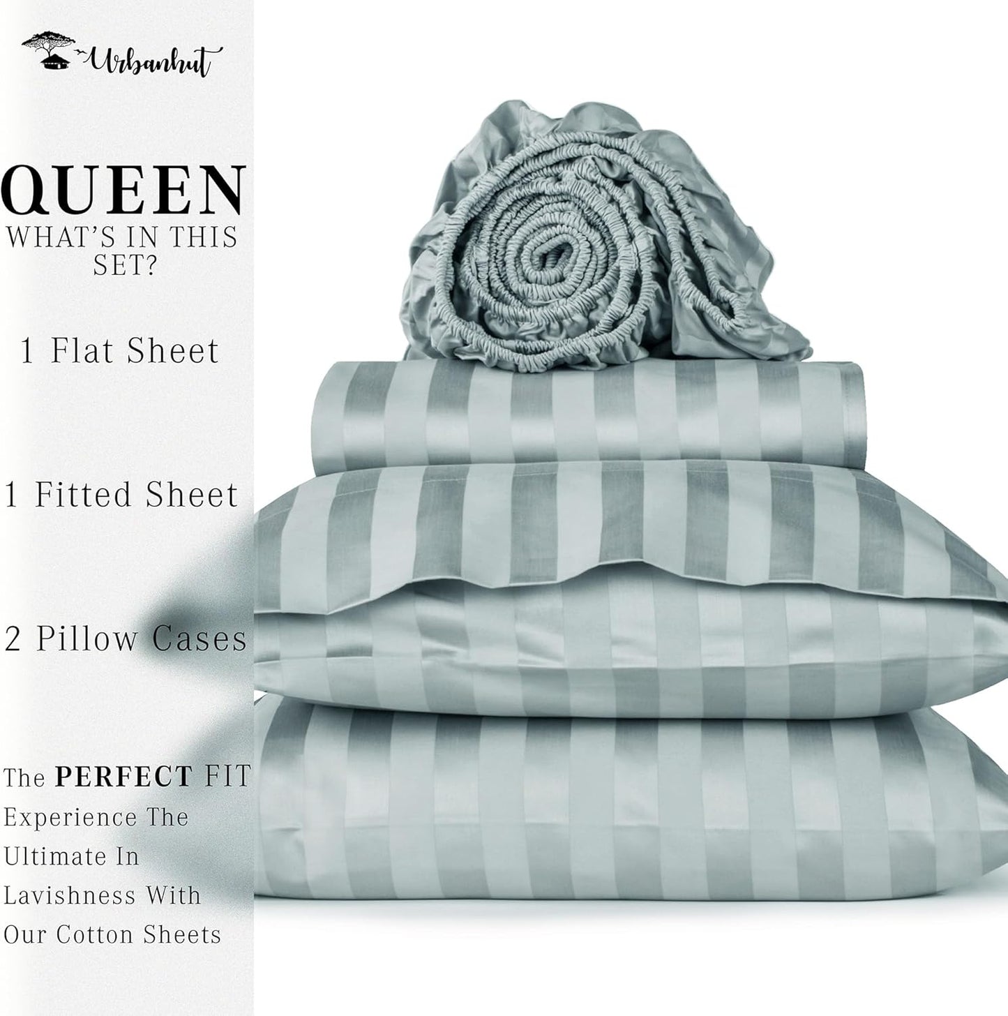 URBANHUT 1000 Thread Count Damask Striped Queen Sheet Set Egyptian Cotton, Long Staple Soft & Breathable, 4 Pcs Bed Sheet Sets, Luxury Hotel Sateen Finish Sheets Fits 16" Deep Pocket - Light Blue