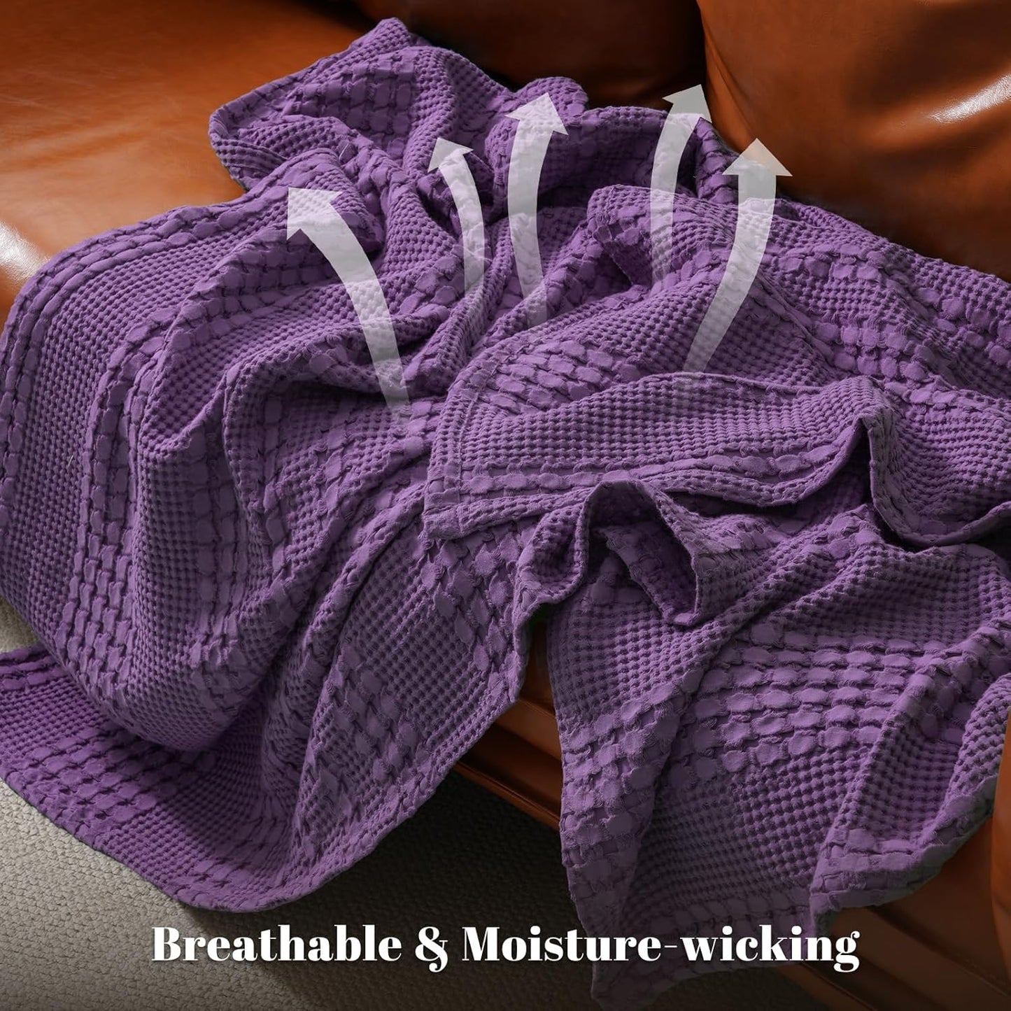 PHF 100% Cotton Waffle Weave Throw Blanket, Soft Lightweight Breathable Cozy Throws for Couch Bed Sofa, Luxury Aesthetic Woven Blanket for Home Decor & Office, 50"x60", Grape