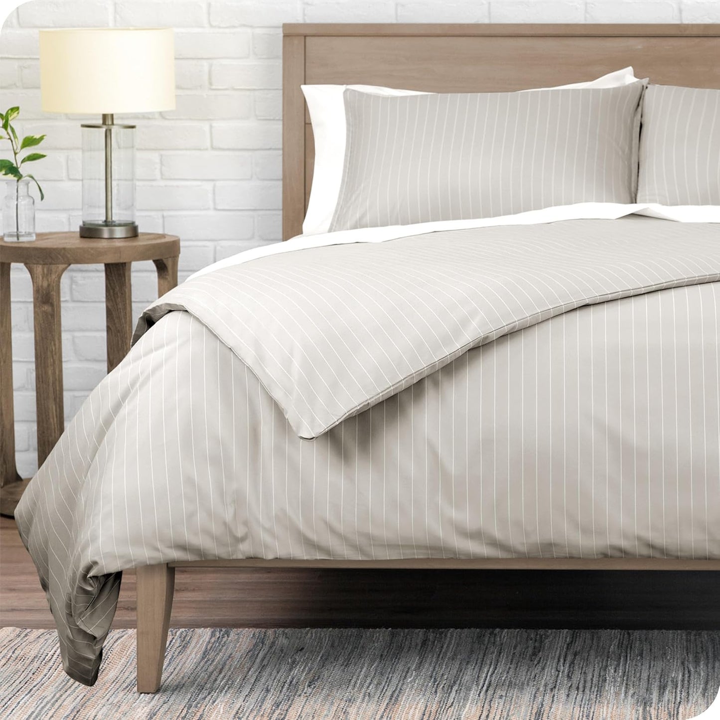 Bare Home Bedding Duvet Cover Extra Long Size - Premium 1800 Super Soft Collection - Lightweight, Cooling - Soft Textured (Twin/Twin XL, Pinstripe - Stone/White)