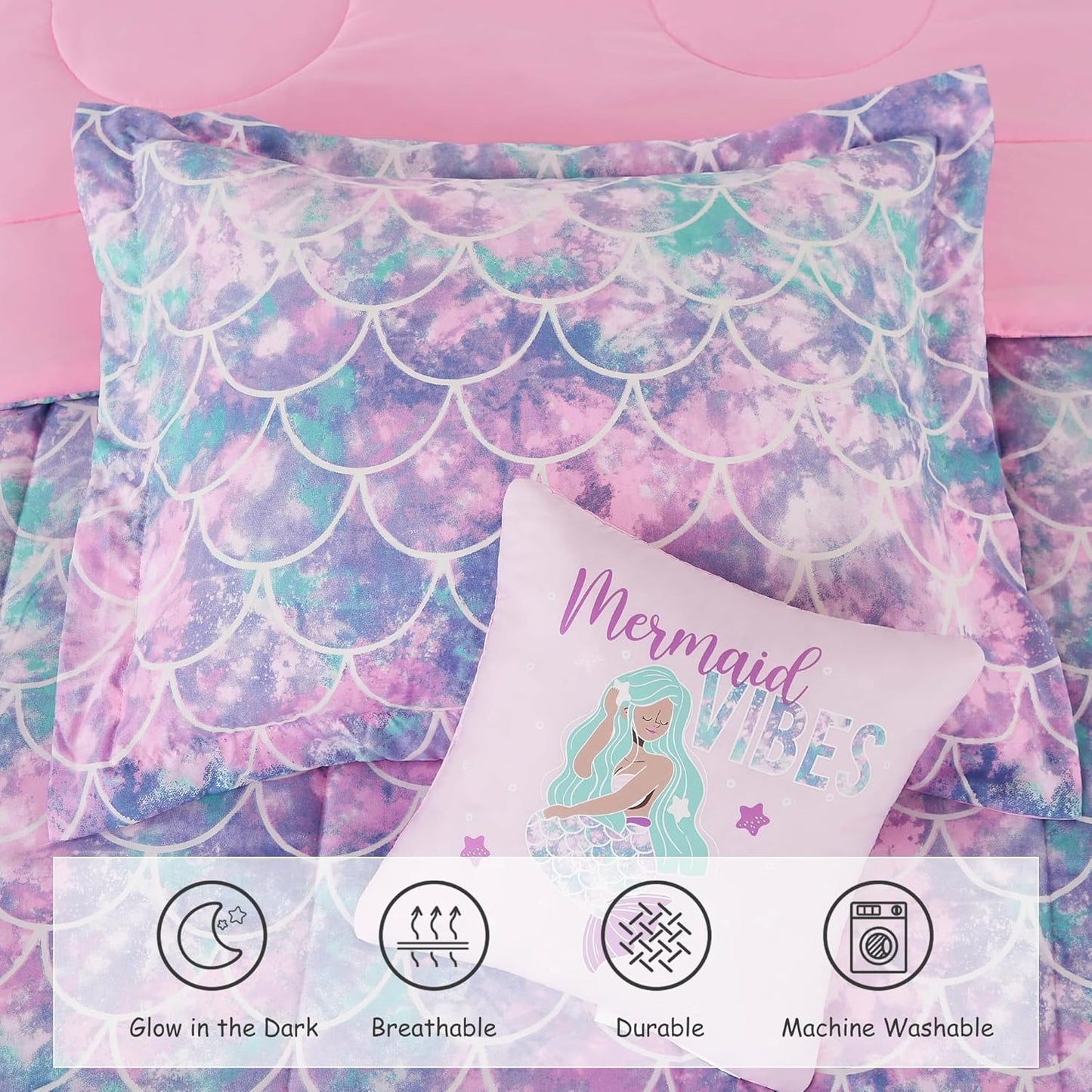 Full Size Comforter Set for Girls-4 Pieces Mermaid Glow in The Dark Full Bedding Sets for Kids, 1 Comforter, 2 Shams and 1 Decor Pillow