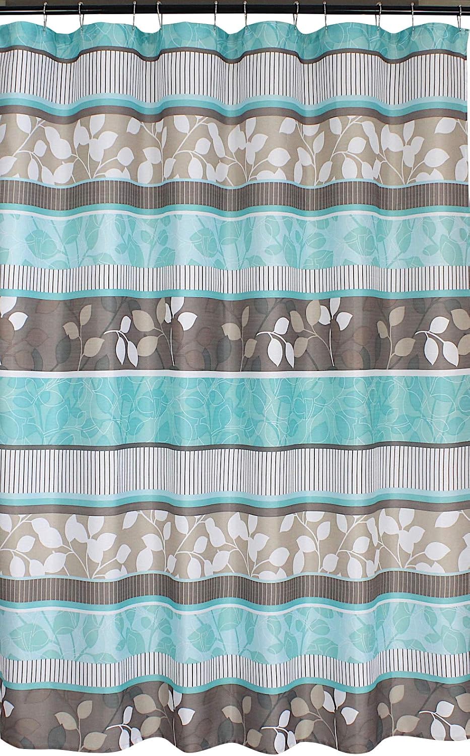 Serafina Home Hotel Quality Fabric Bathroom Shower Curtain: Striped Floral - Teal, Blue, Brown, Beige and White (72 x 70 inches)
