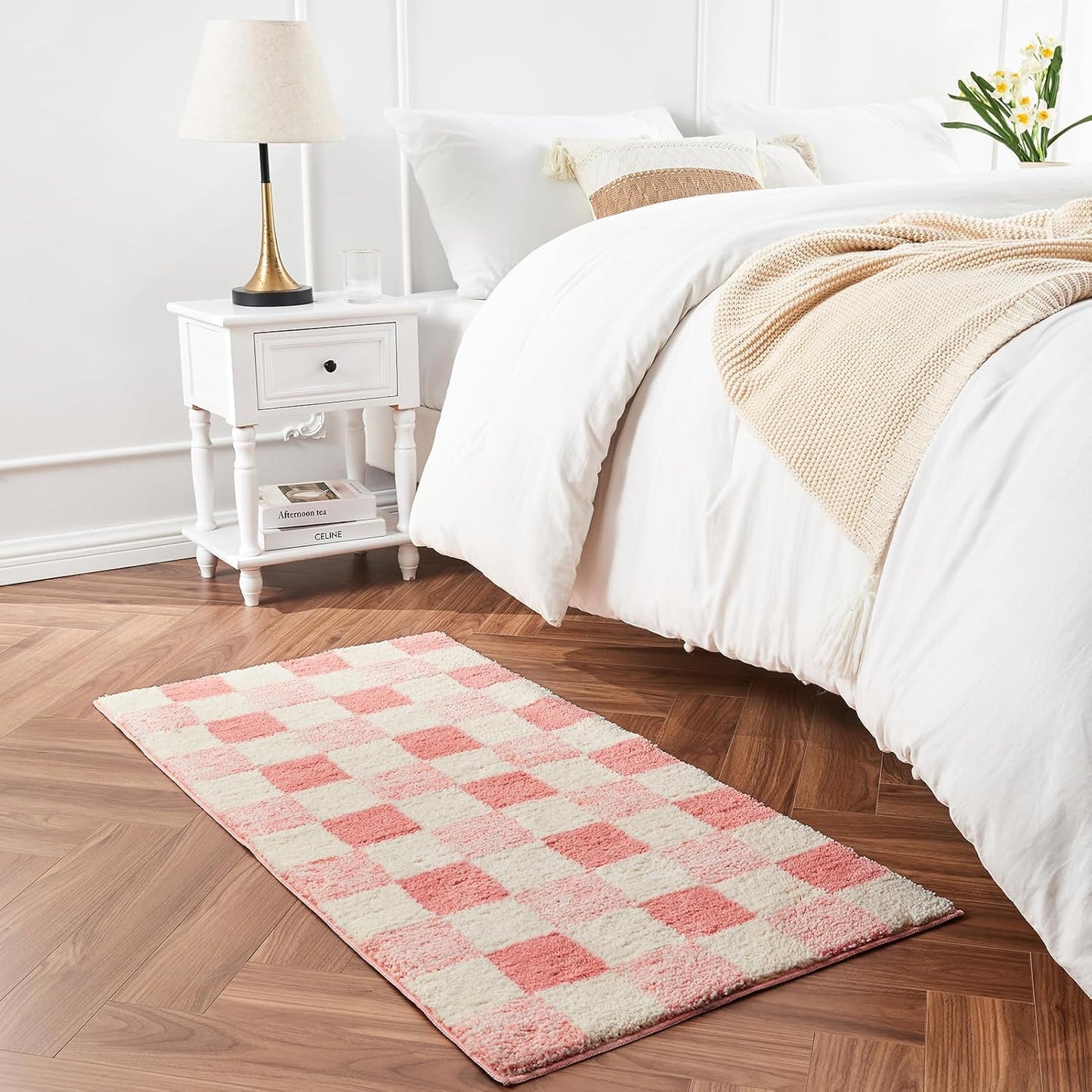 CozeCube Bath mats for Bathroom Non Slip, Fluffy Absorbent Microfiber Bath mat Washable, Aesthetic Bathroom Rugs, Cute Blossom Pink Checkered Bath mat, Blossom Pink, 32" x 20"