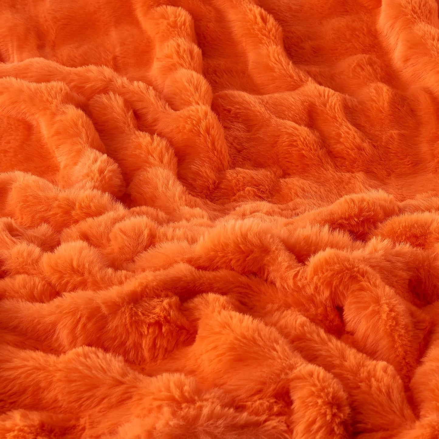 Fluffy Luxury Faux Rabbit Fur Bubble Blanket - Warm & Cozy Fuzzy Plush Thick Decorative Throw Blanket for Bed, Sofa - Queen Size 90''x90'', Orange