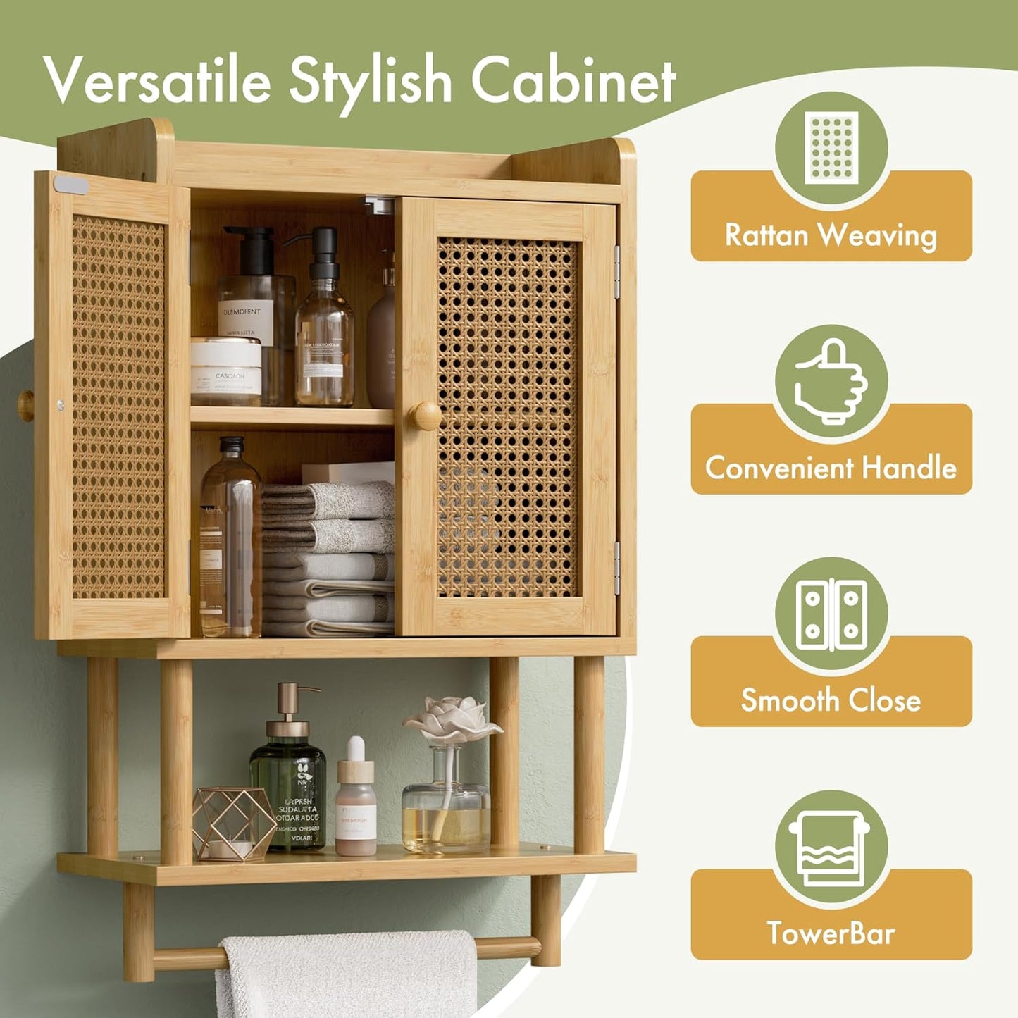 AmazerBath Bathroom Wall Cabinets, Bamboo Medicine Cabinet with Rattan Door, Over The Toilet Storage Cabinet with Towel Bar, Wall Mounted Cabinet with Adjustable Shelves for Small Spaces