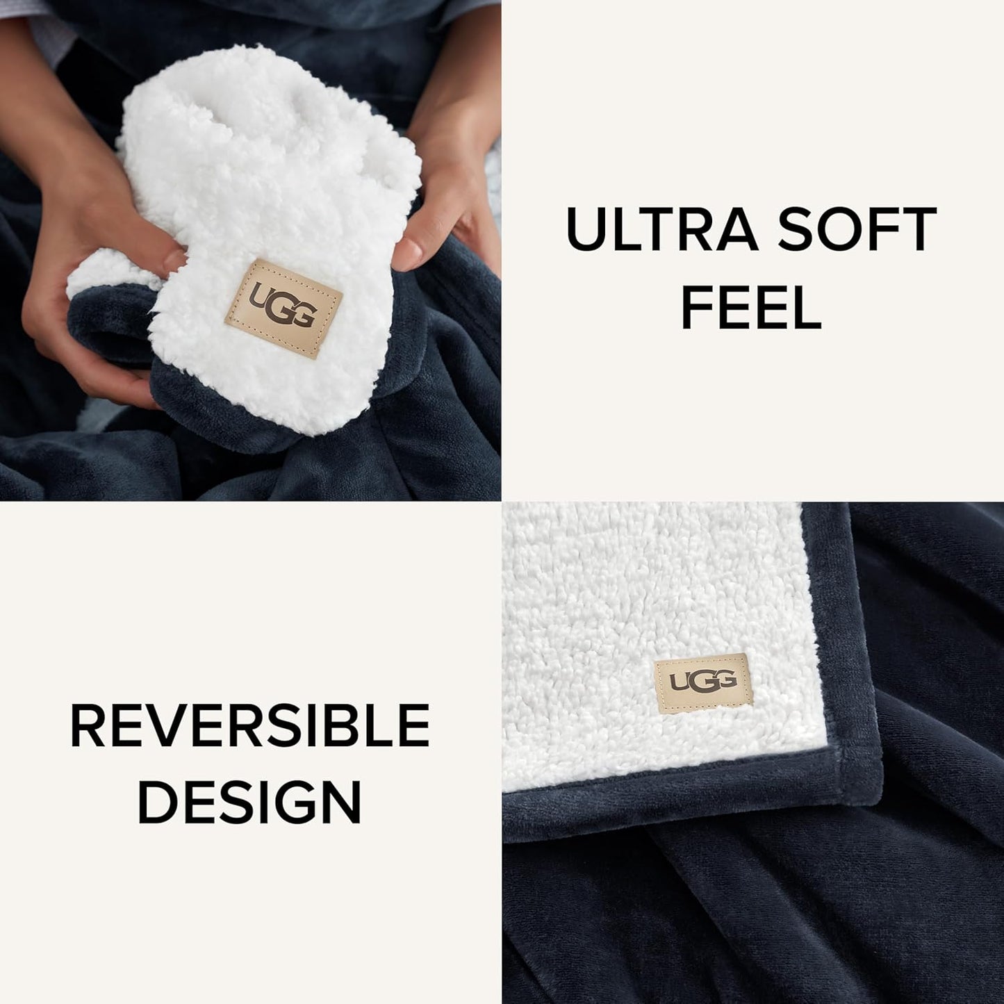 UGG Ariana Full/Queen Blanket Fleece Fluffy Reversible Soft Fuzzy Bedding Cozy Plush Warm Oversized Blanket Machine Washable Bedroom Decor for Big Couch or Bed, 90-inch x 90-inch, Navy Blue