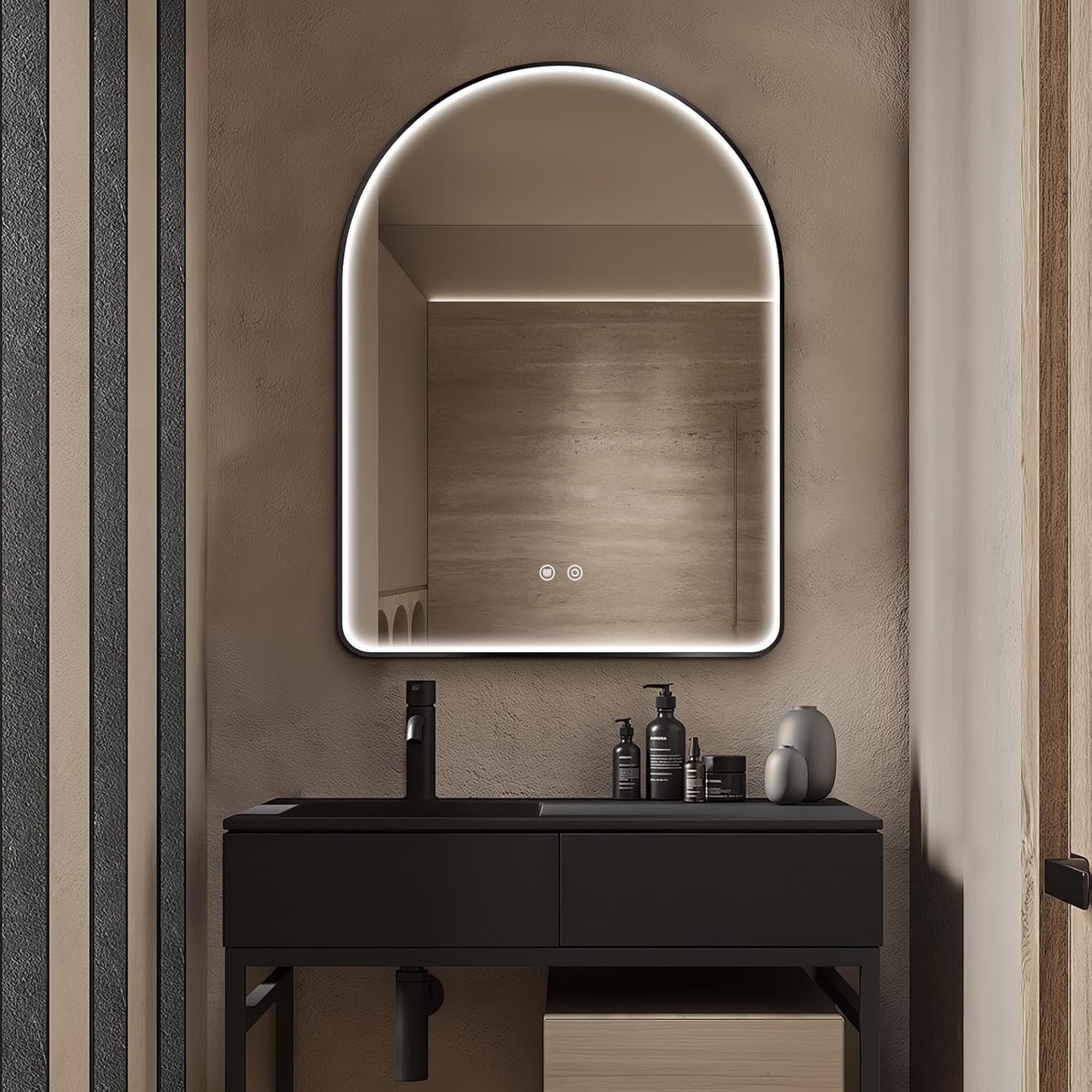Niccy Arched LED Bathroom Mirror, 40"x30" Black Framed Arch Wall Lighted Mirrors, Arching Frontlit Vanity-Mirror with Memory Function for Bathroom Bedroom, Defogger and 3 Color, Explosion-Proof