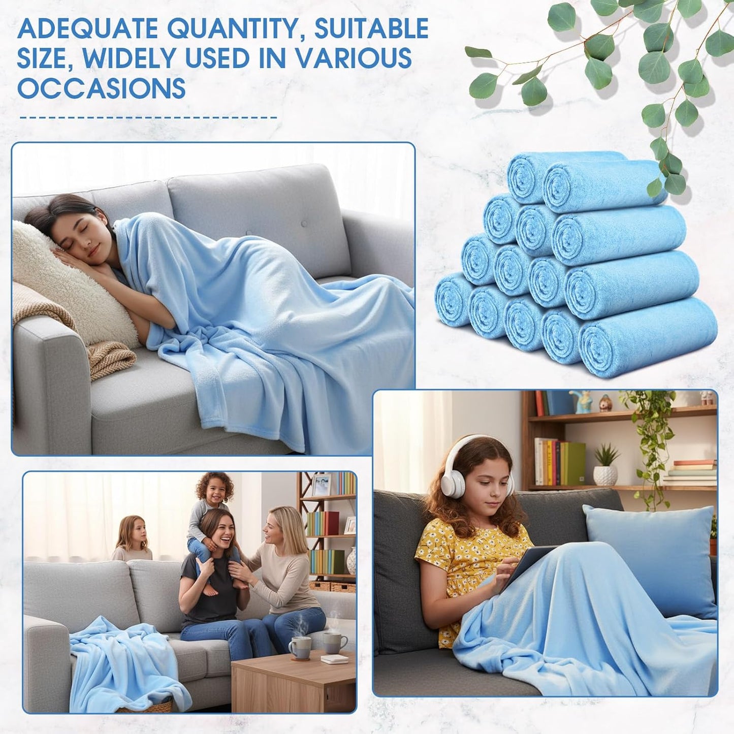 18 Pieces Fleece Blankets Bulk for Wedding 50 x 60 Inch Soft Lightweight Flannel Throw Blankets Bulk for Wedding Guests Home Outdoor Couch Sofa Bed Gifts (Light Blue)