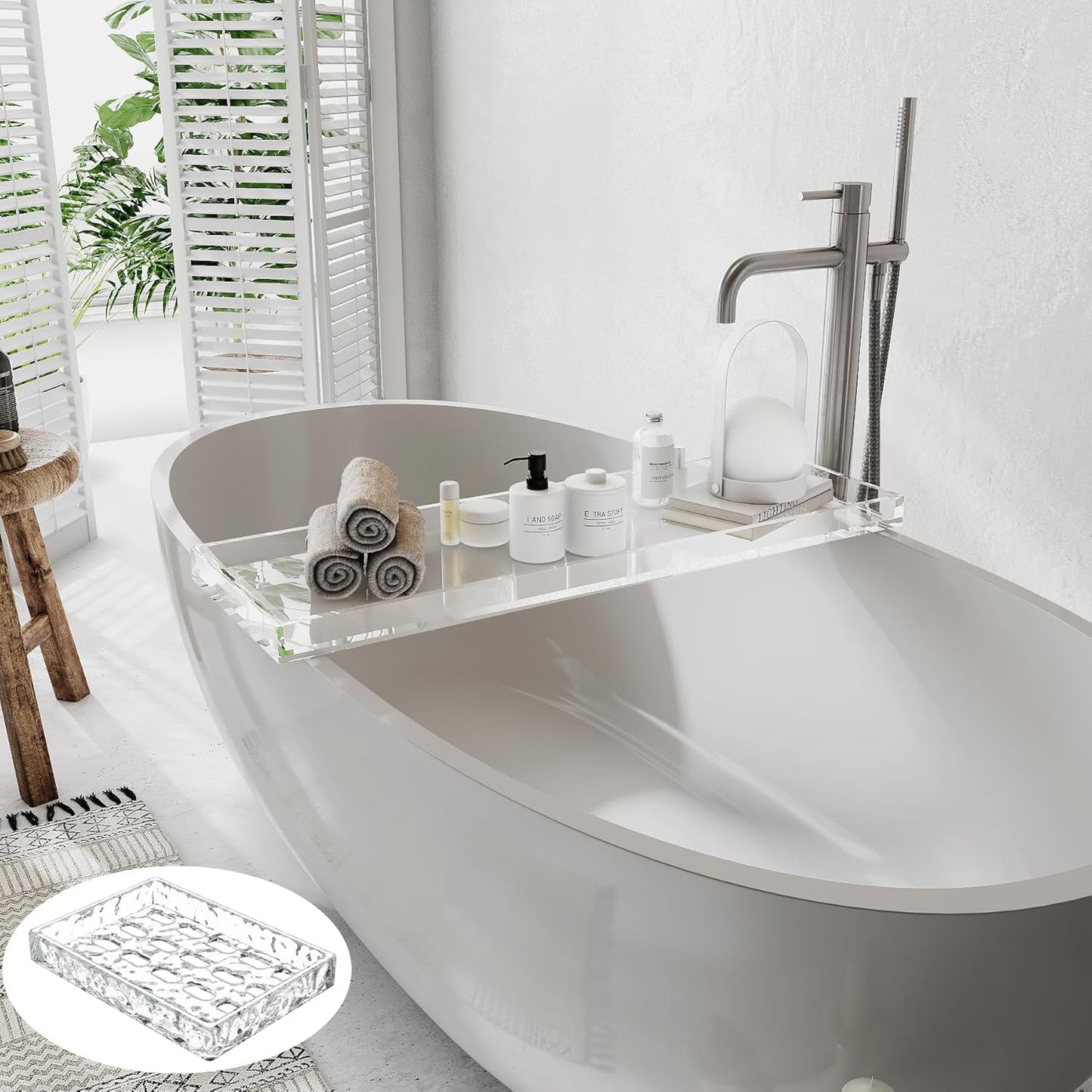 Acrylic Bathtub Tray Bath Caddy for Tub, Clear Bath Tray with Soap Box, 32.3 x 7.87 x 1.18 Inches