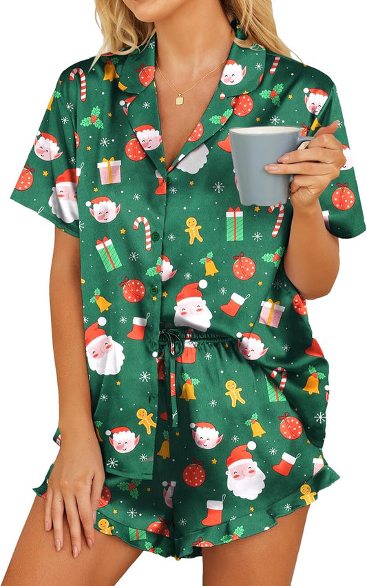 HOTOUCH Womens Satin Pajamas Set Button Down 2 Piece Silk Pjs Shorts Set Ruffle Lingerie Notch Collar Sleepwear
